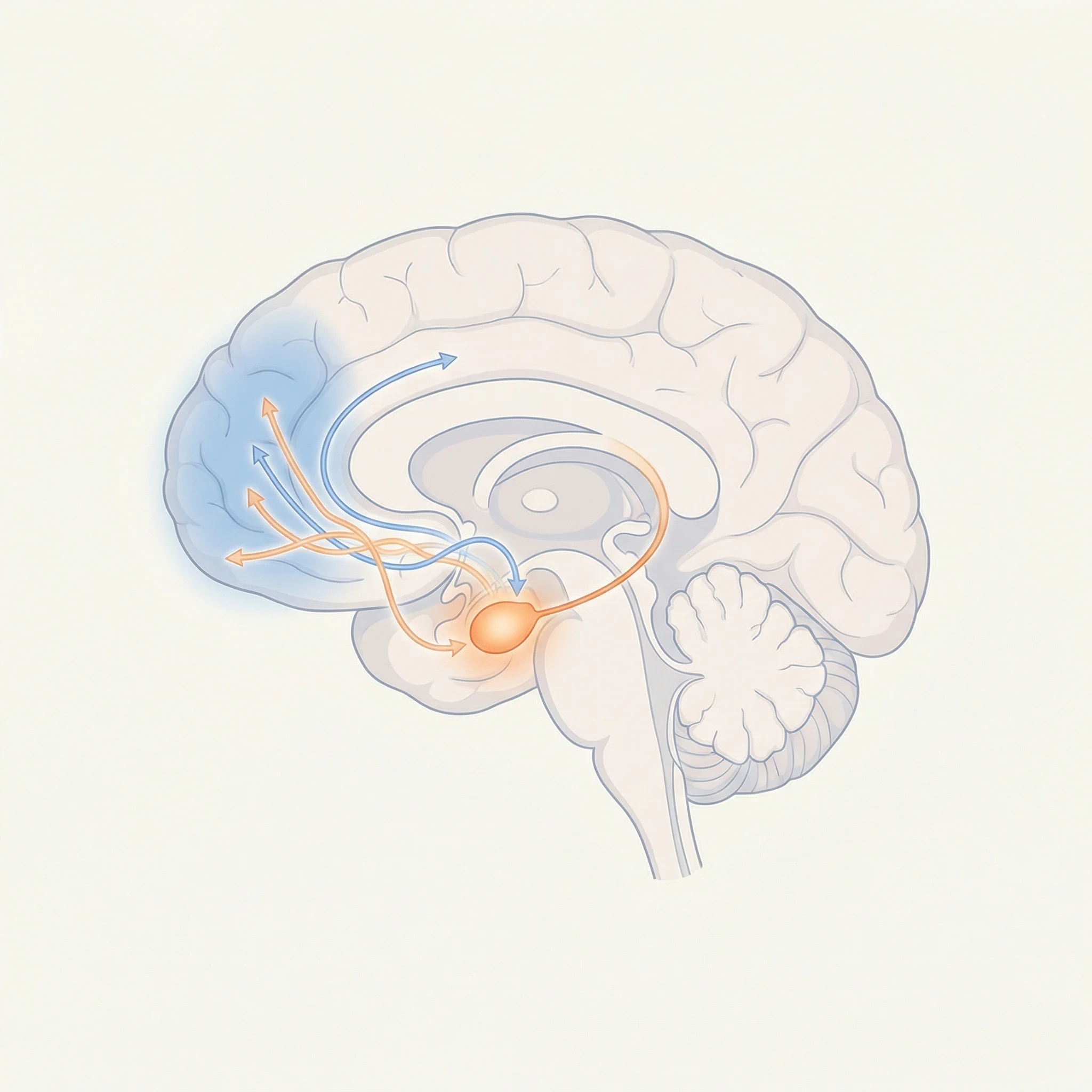 Medical illustration showing the amygdala-prefrontal cortex circuit involved in anxiety and fear processing