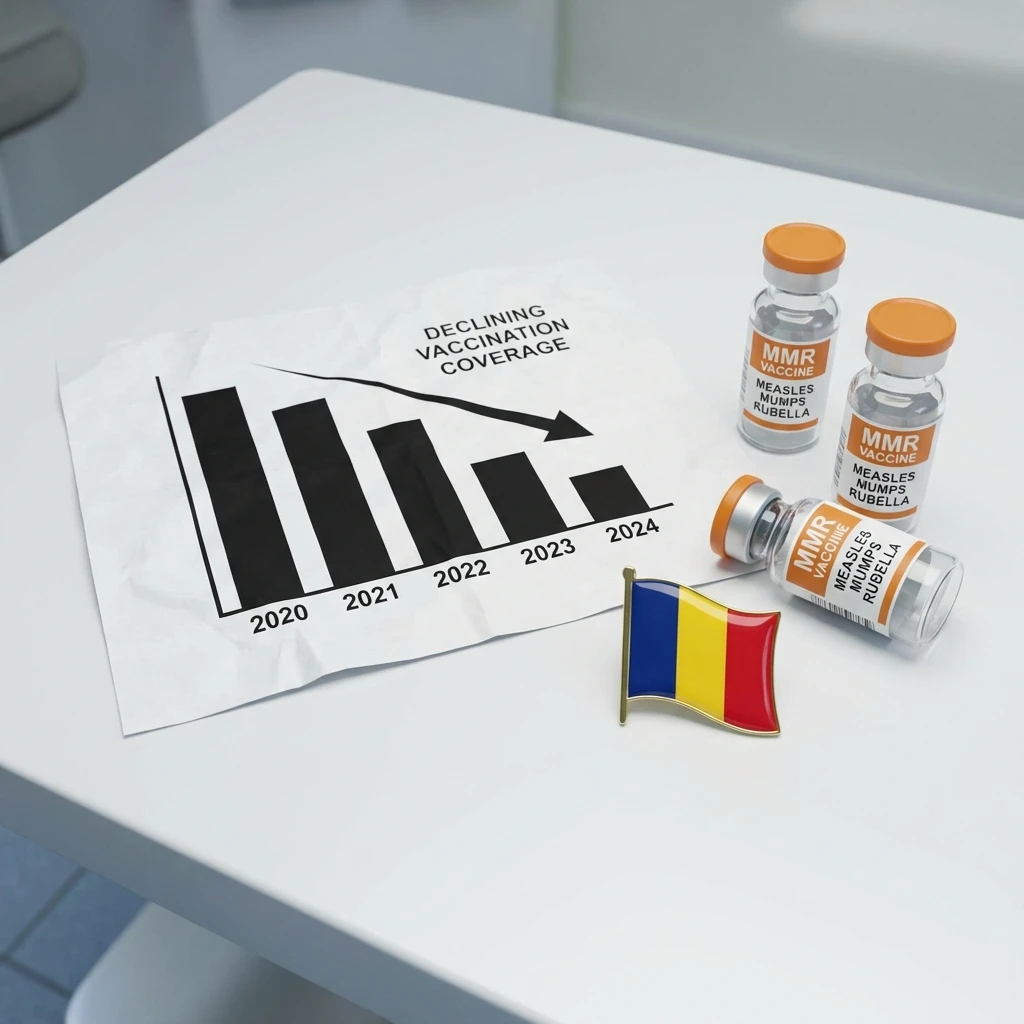 Bar chart showing Romania's MMR first dose coverage dropping from 95 percent target to 78 percent by 2024
