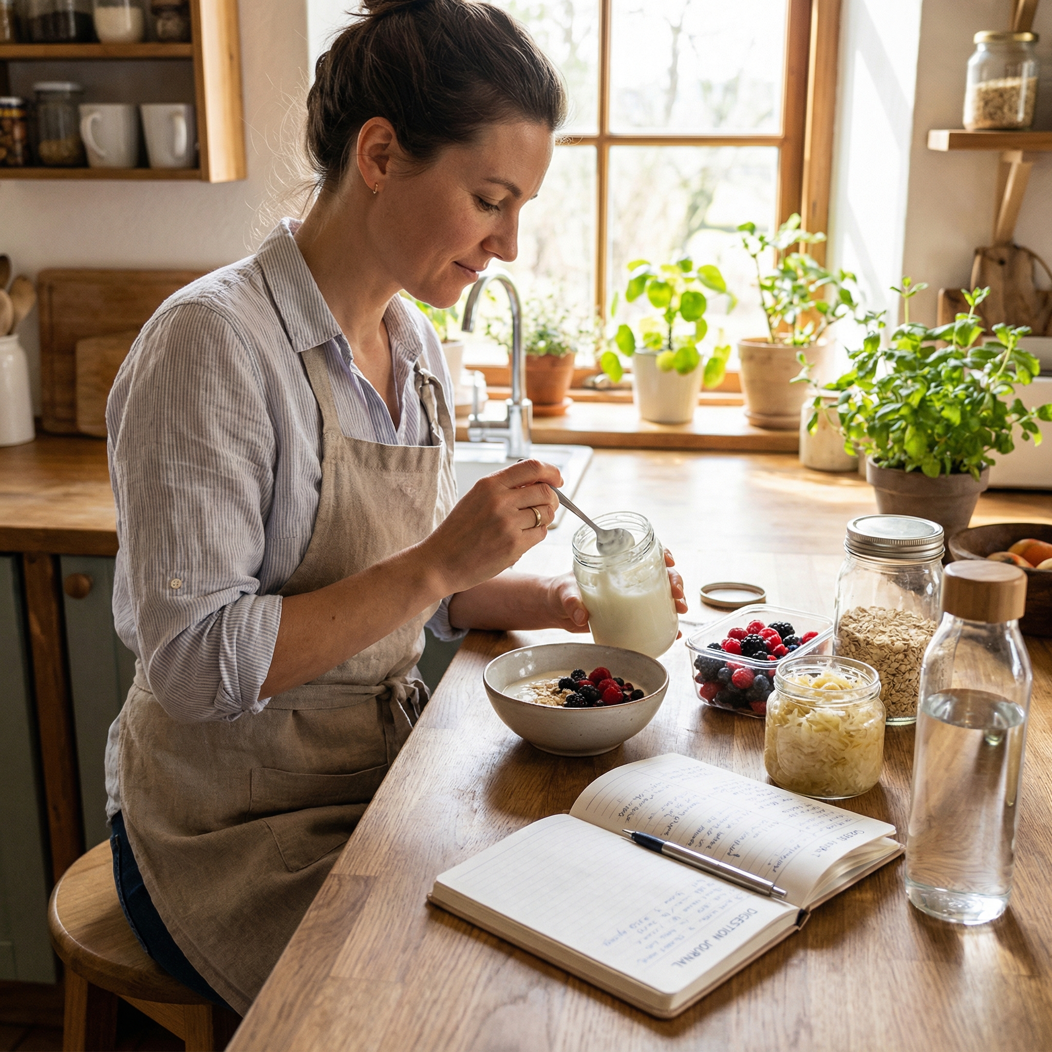 Adult preparing a probiotic-rich breakfast while logging digestion, sleep, and hydration in a daily routine journal.