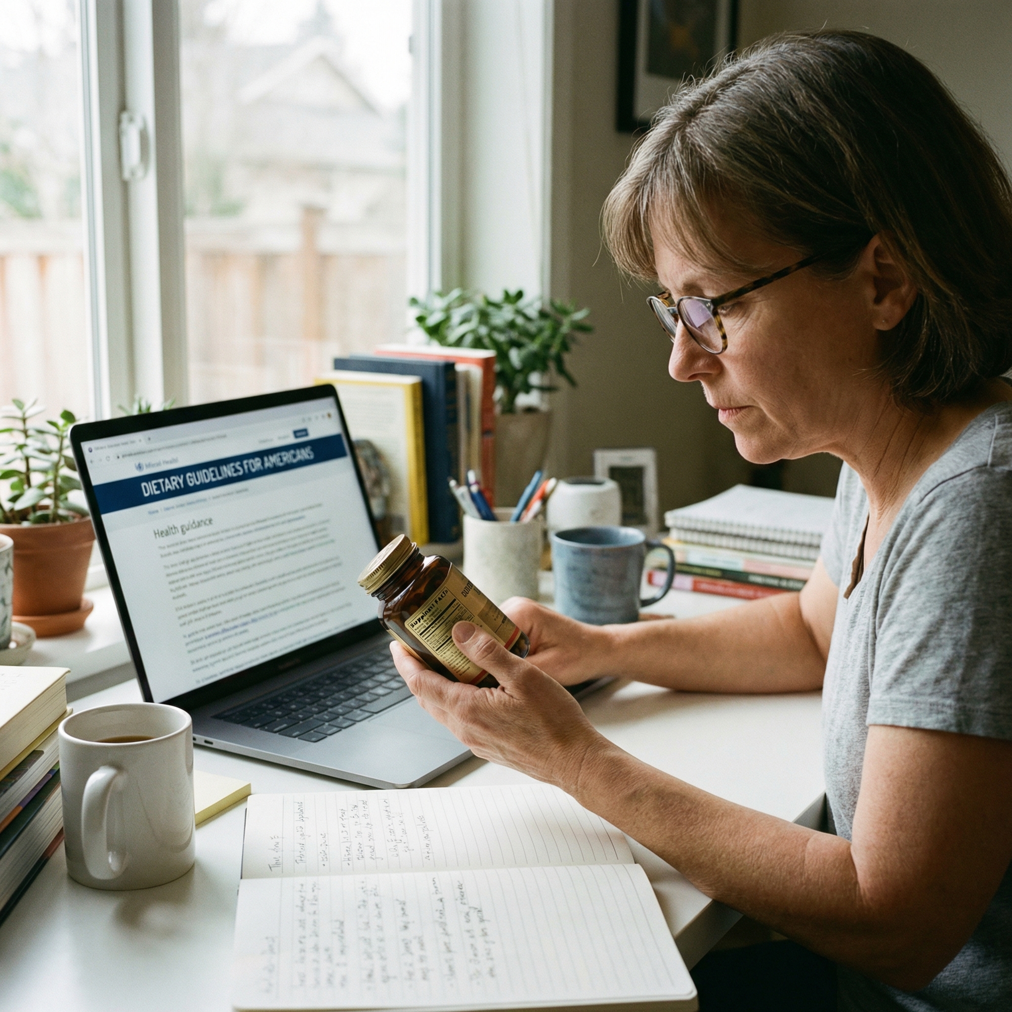 Person cross-checking a dietary supplement label against safety notes and official health guidance on a laptop.