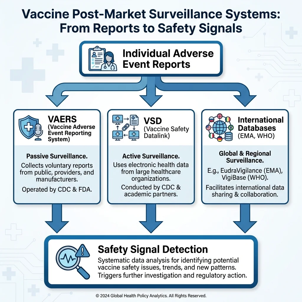 Infographic showing how post-market surveillance systems like VAERS and VSD continuously monitor vaccine safety across millions of doses