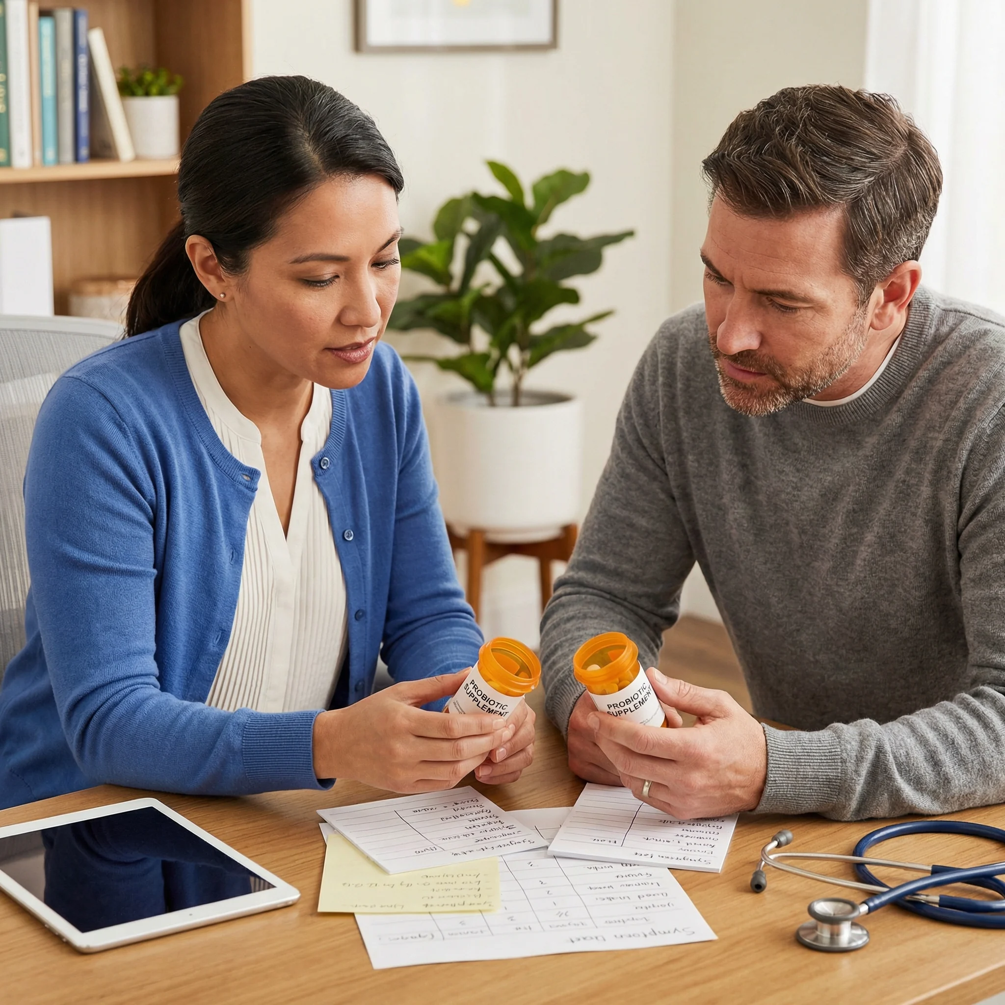 Clinician and patient reviewing probiotic supplement labels and digestive symptom notes in a medical office