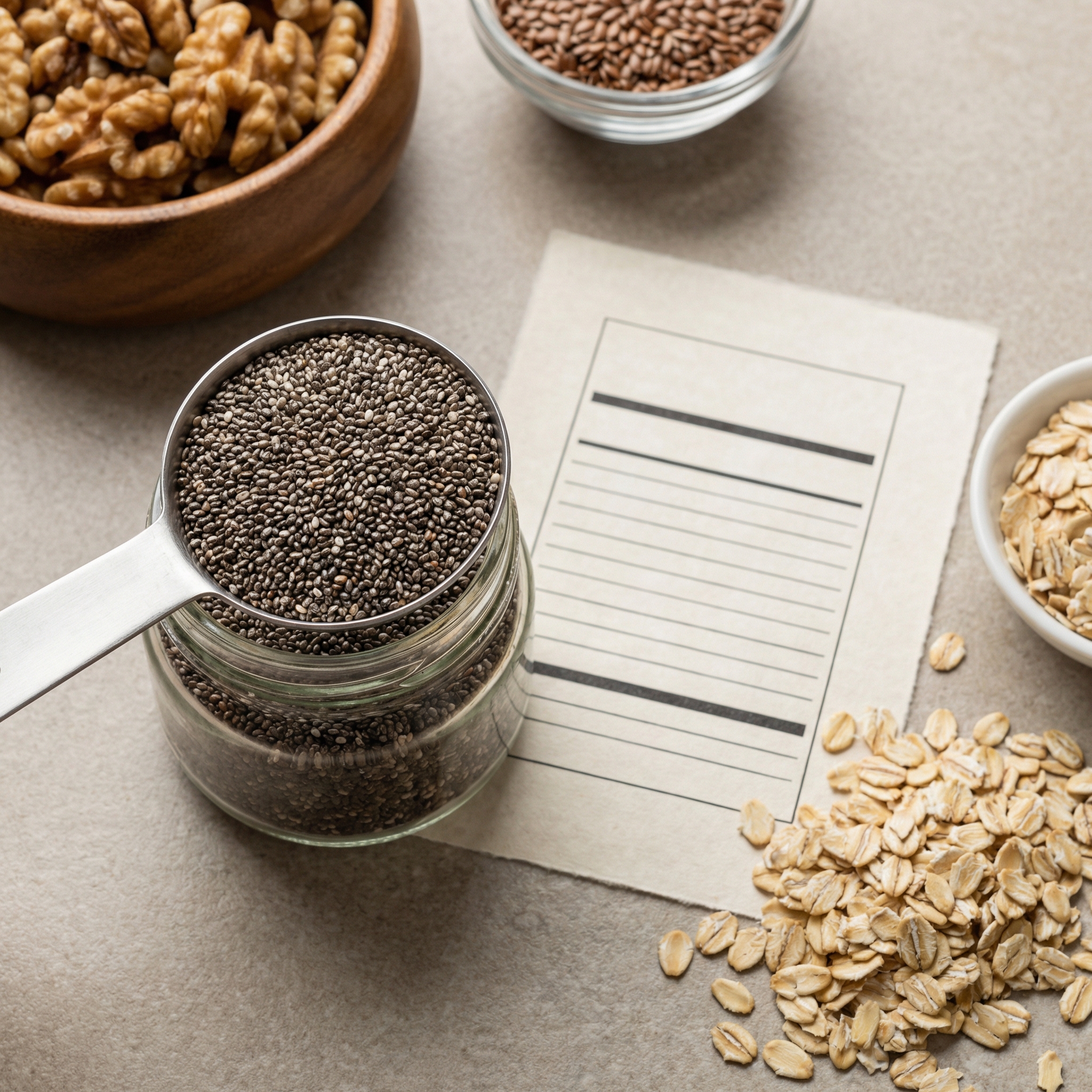 Measured tablespoons of chia seeds with oats, walnuts, and flax on a neutral countertop.