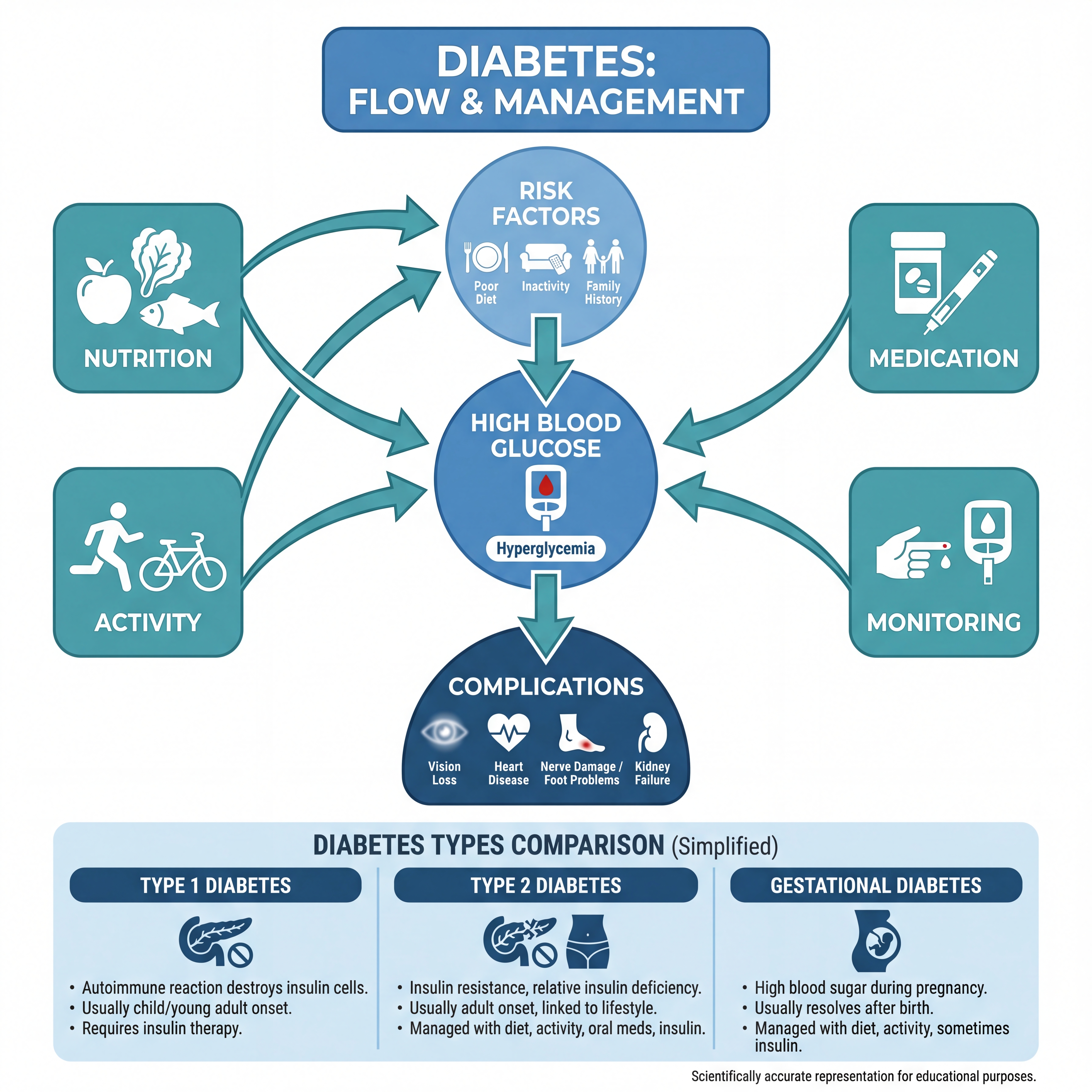 Infographic summarizing diabetes risk factors, blood glucose pathways, major complication domains, and care pillars.