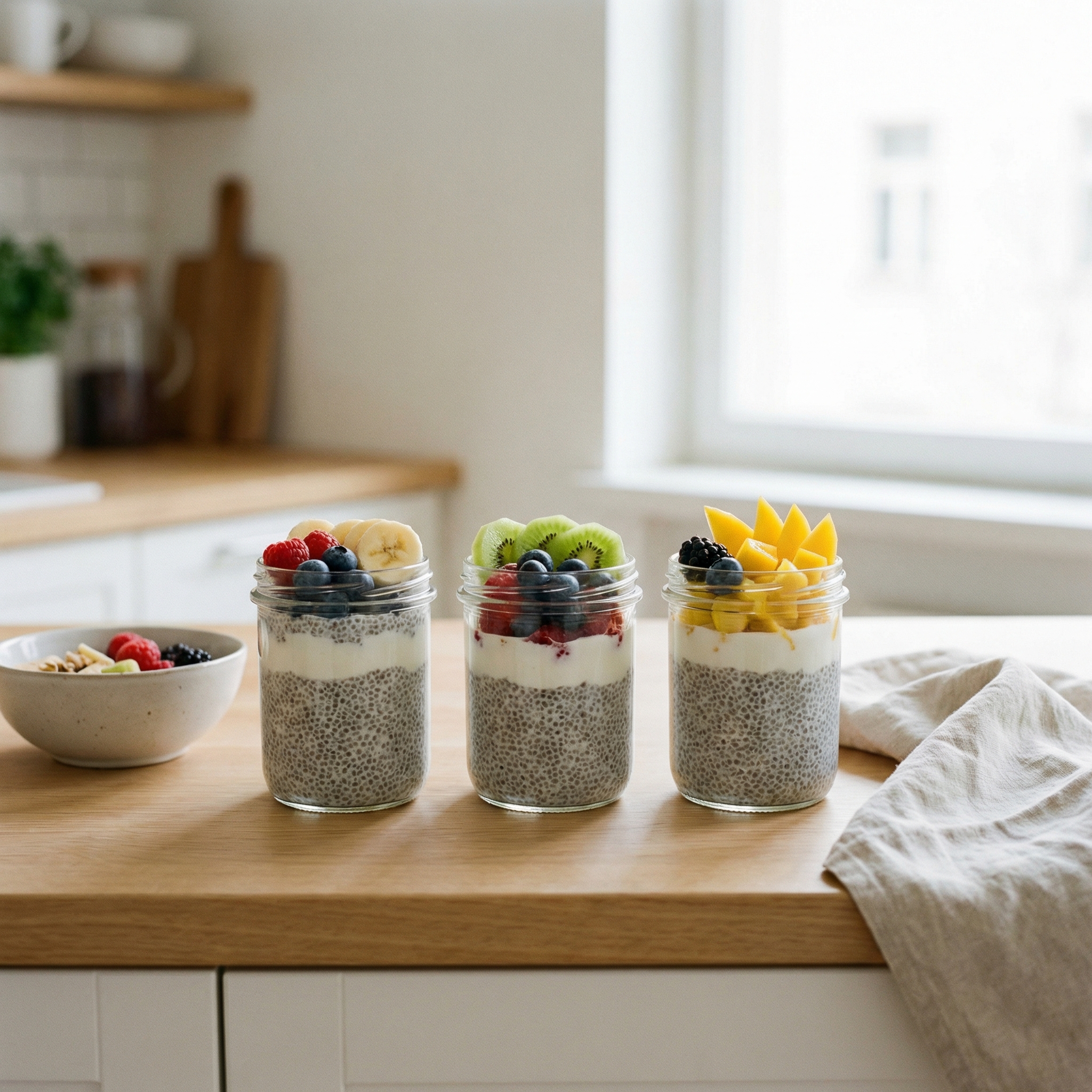 Three meal-prep chia pudding jars with berries, kiwi, and yogurt for practical breakfast planning.