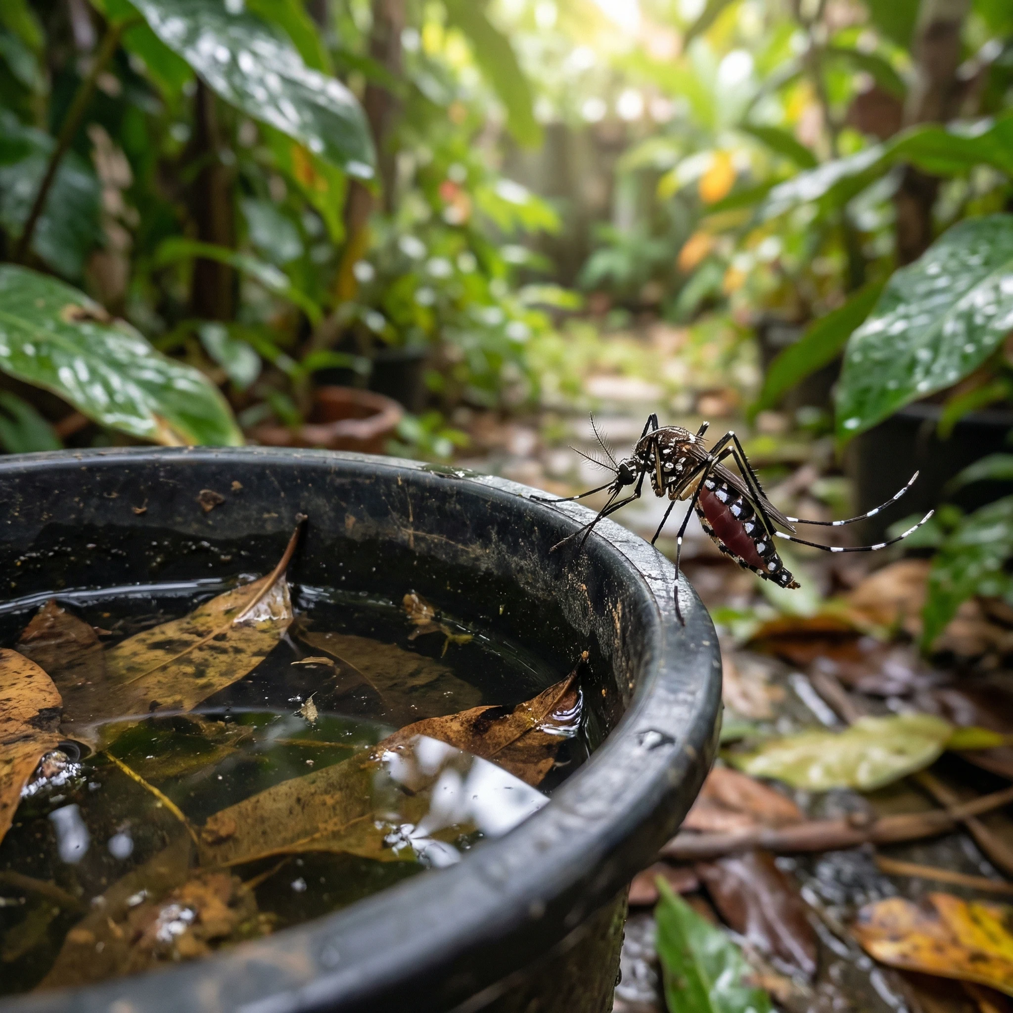 Close-up of an Aedes mosquito near a small stagnant water container in a backyard.