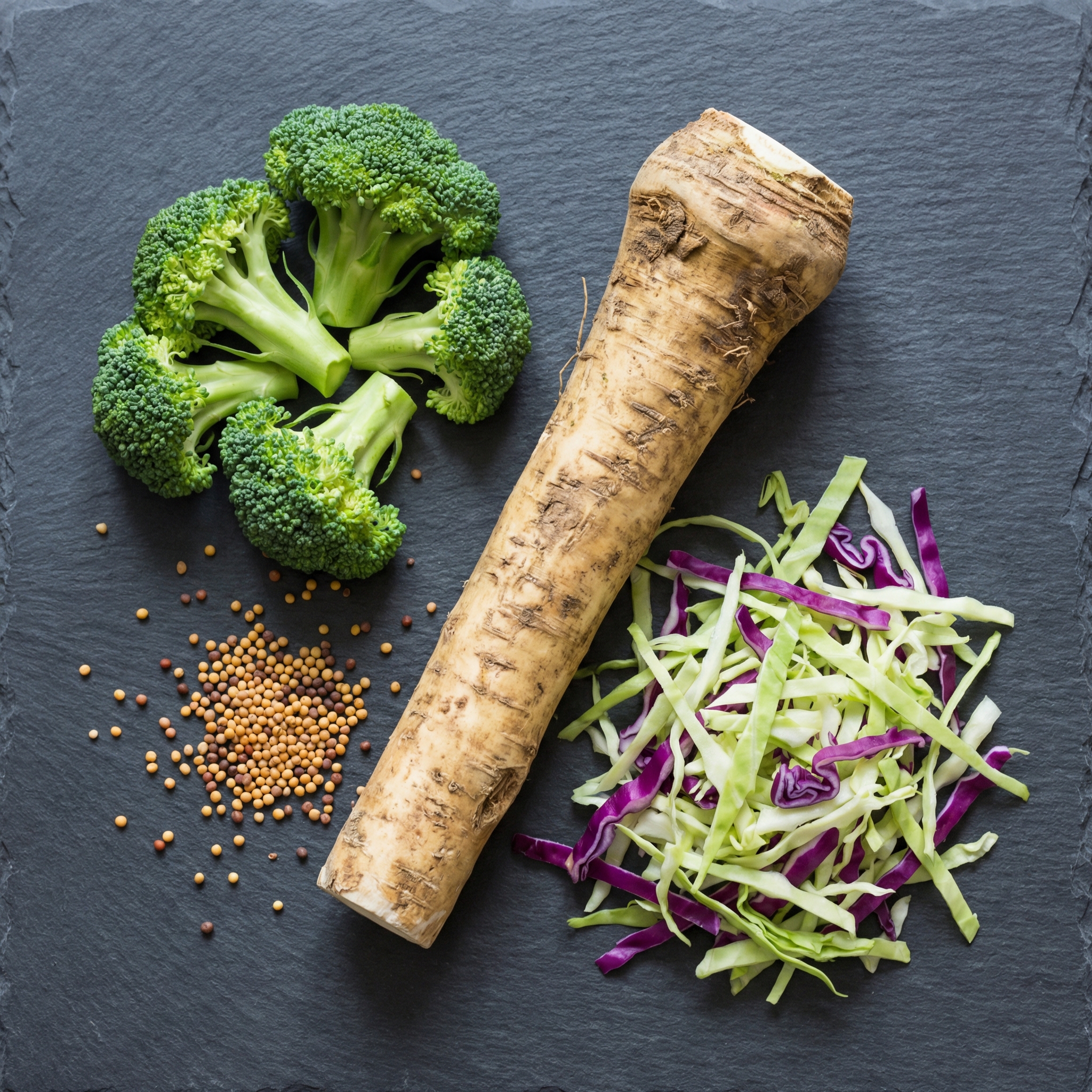 Fresh horseradish root beside broccoli, mustard seeds, and shredded cabbage to illustrate cruciferous plant compounds.