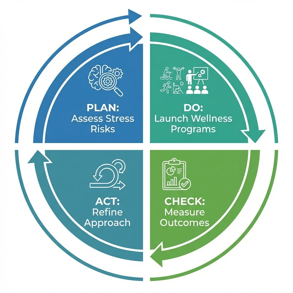 Circular diagram showing the four stages of the Plan Do Check Act cycle applied to workplace mental health