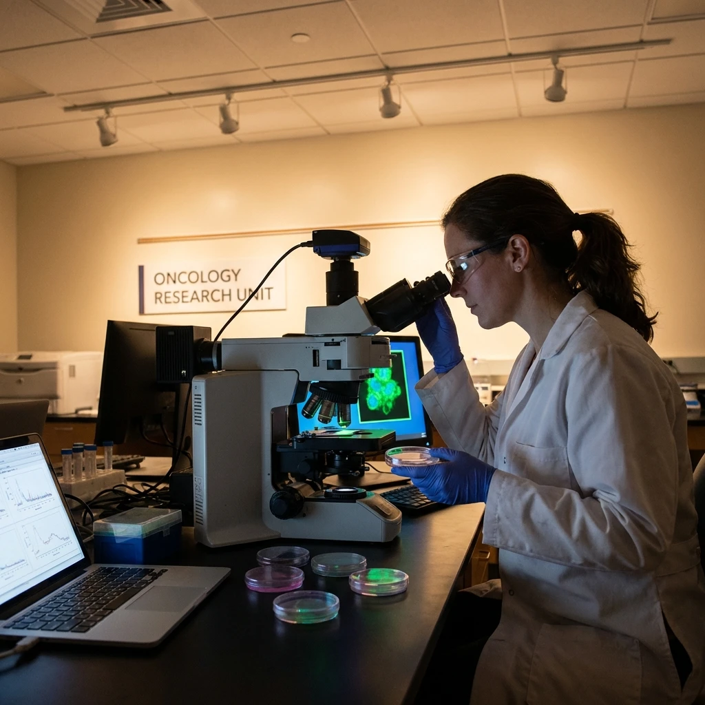 Scientist examining cell cultures under fluorescent lighting in an oncology research laboratory