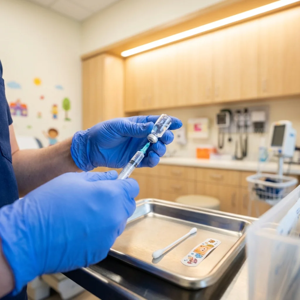 Medical professional preparing a single-dose HPV vaccine syringe in a pediatric clinic