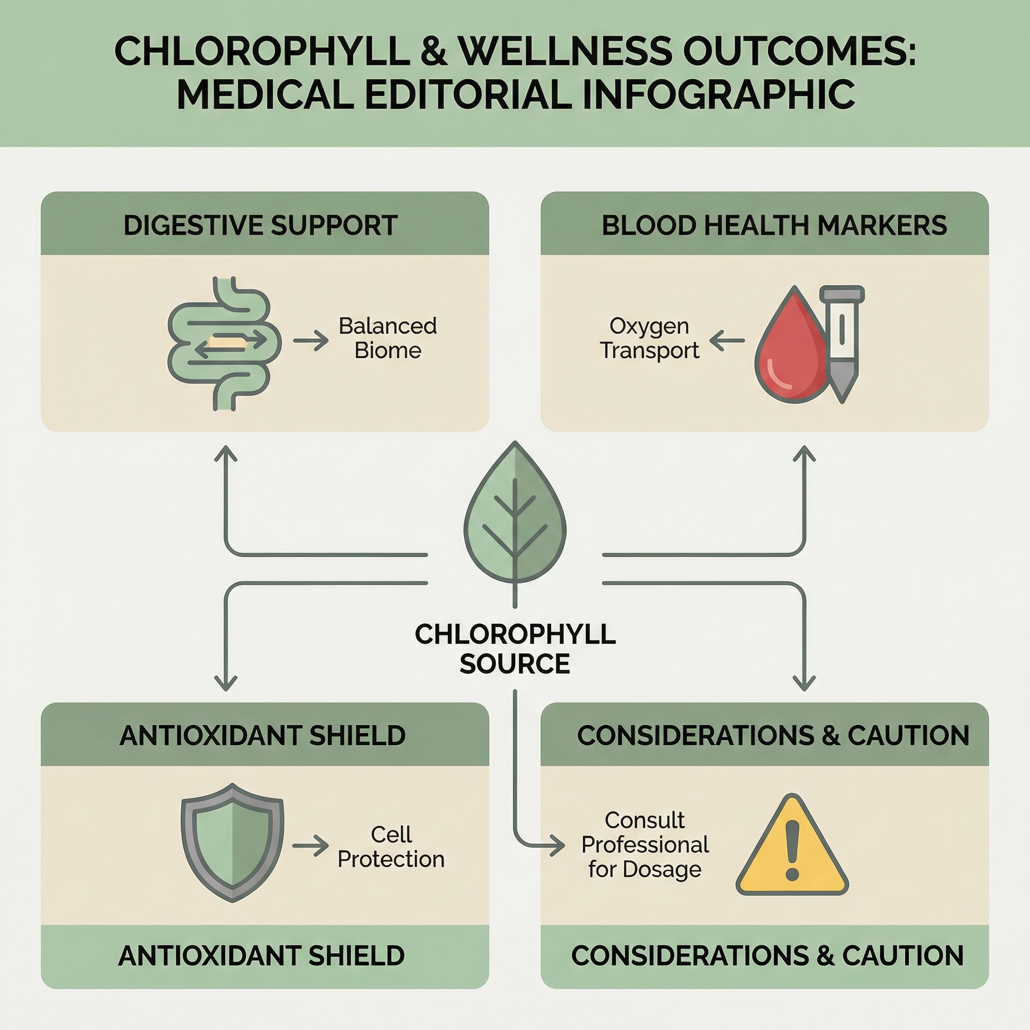 Infographic illustrating the 5 ancient health benefits of chlorophyll: Detoxification, Skin Healing, Blood Building, Deodorizing, and Immune Support.