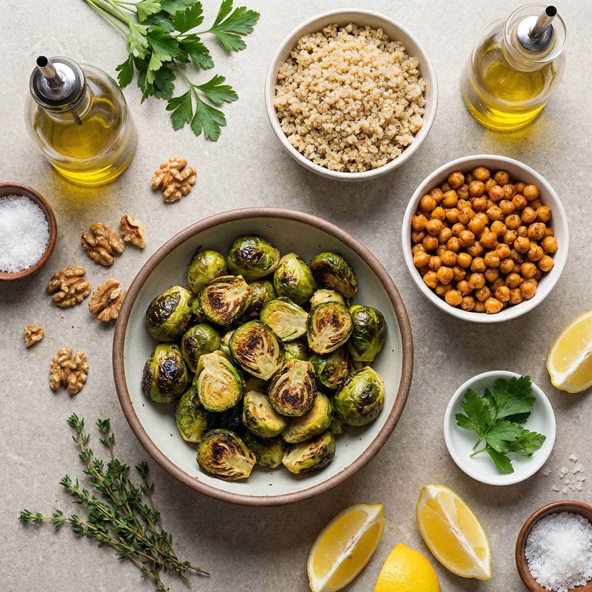 Meal prep ingredients featuring roasted Brussels sprouts, quinoa, chickpeas, walnuts, and lemon on a stone countertop