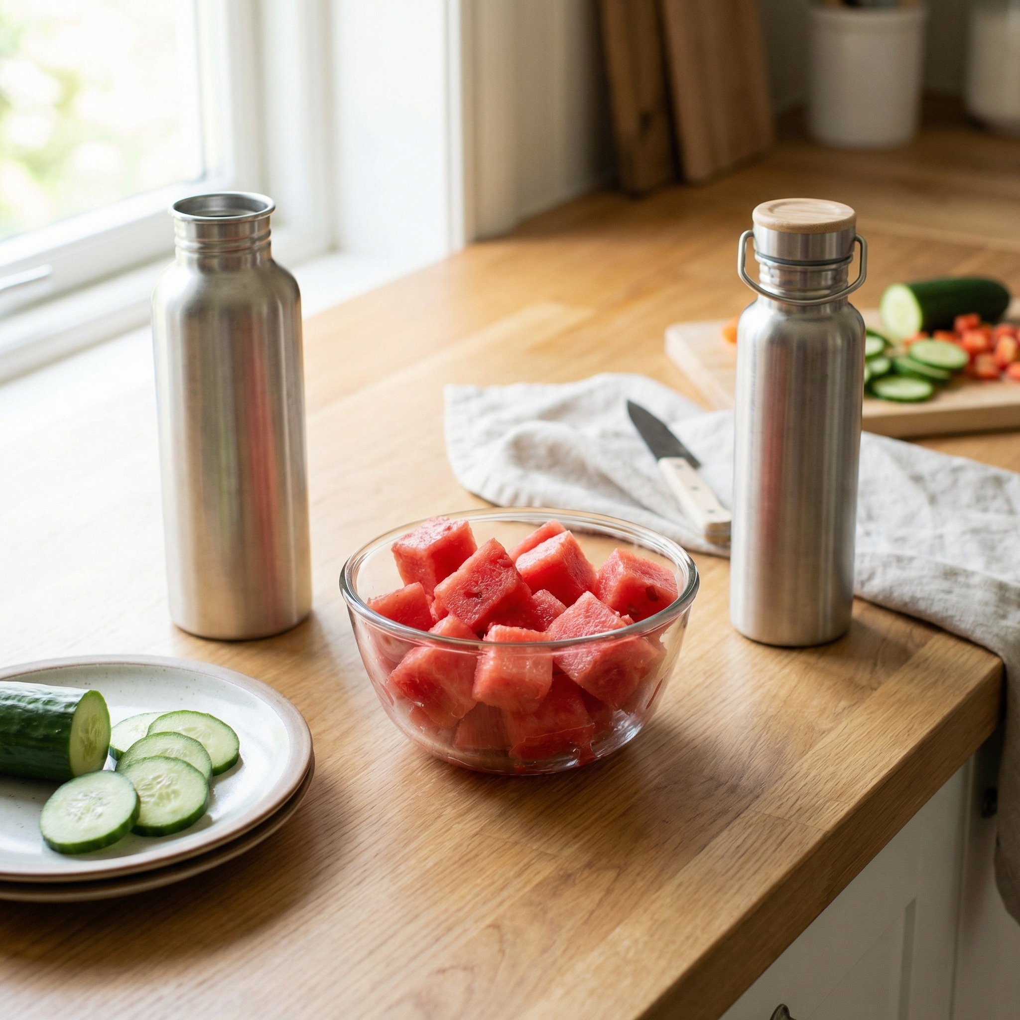 Glass bowl of watermelon cubes beside a reusable water bottle and cucumber slices showing hydration-focused snack prep.
