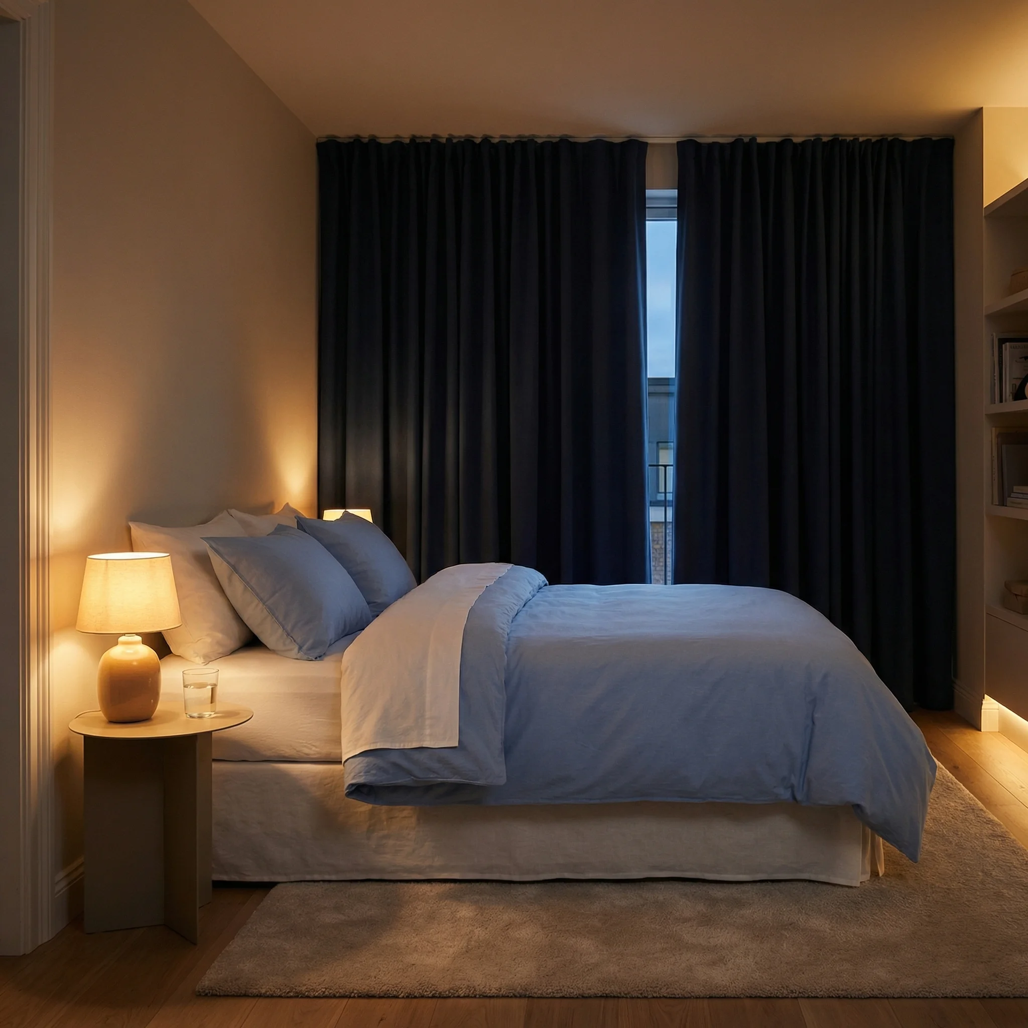 Peaceful bedroom with soft blue lighting, white bedding, and a bedside table showing a sleep tracking device