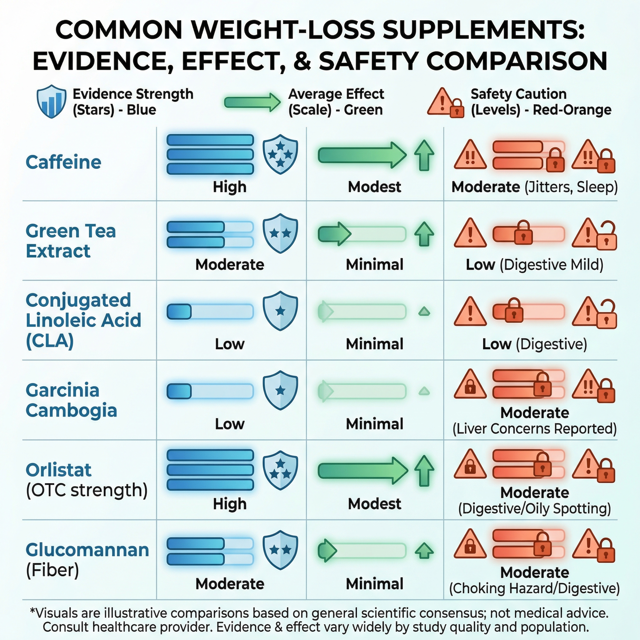 Infographic comparing supplement evidence strength, expected effect size, and safety caution levels