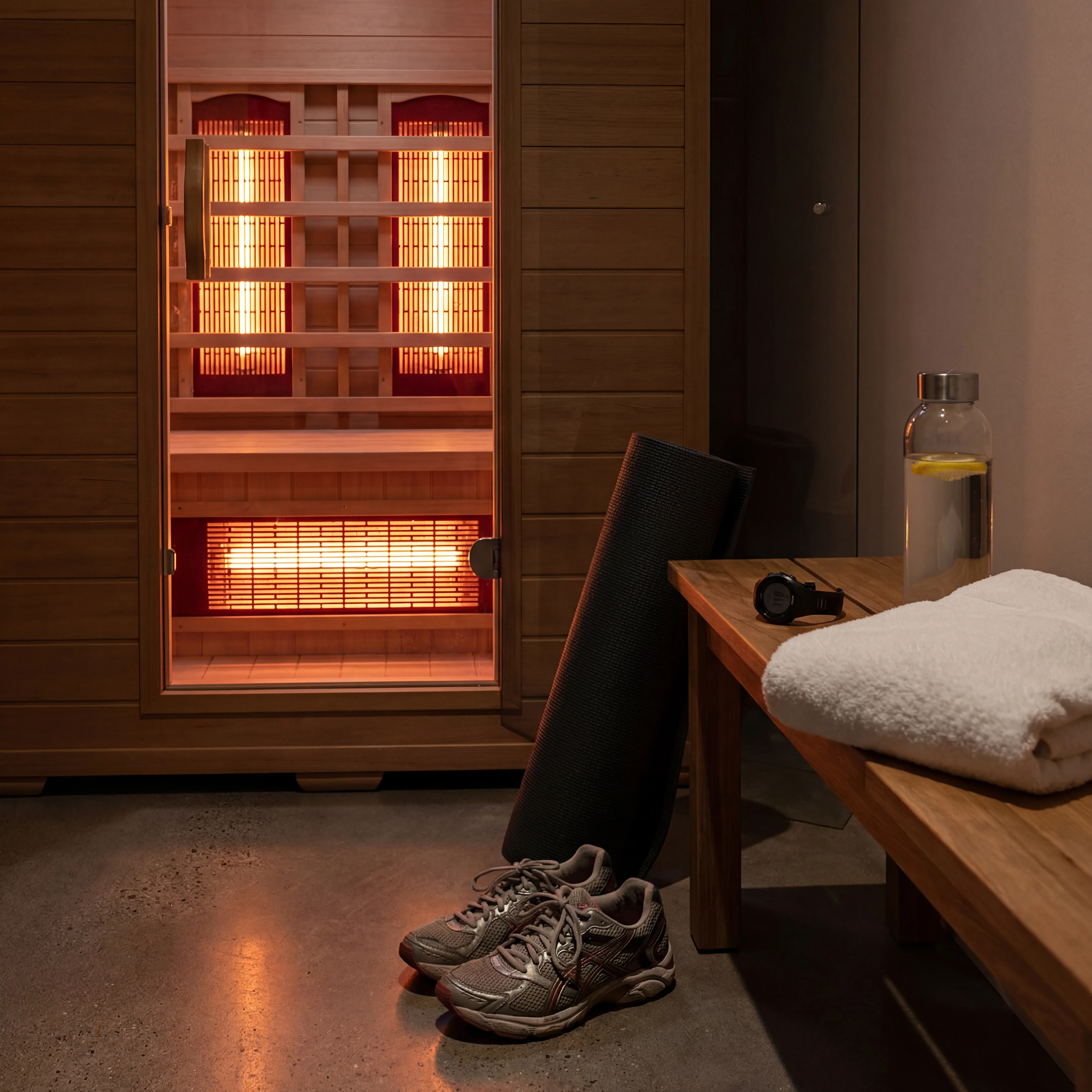 Post-workout gear arranged beside a warm infrared sauna environment