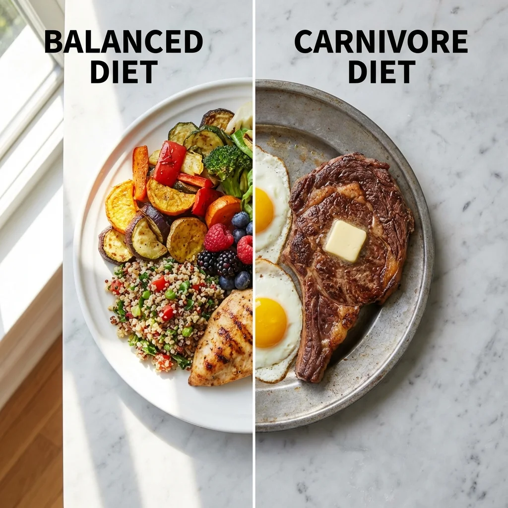 Split comparison of nutrient-dense vegetables versus all-meat plate showing dietary tradeoffs