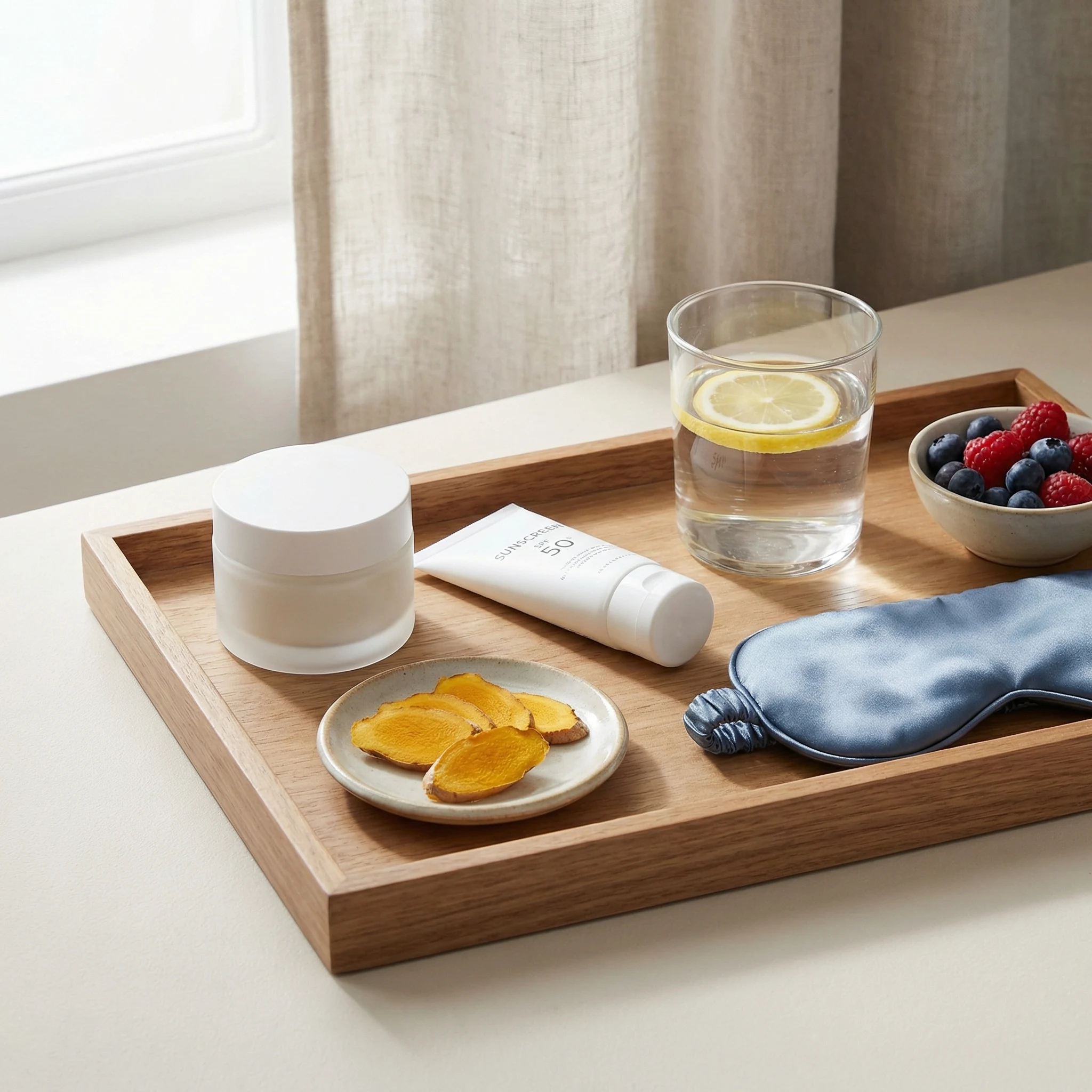 Skin barrier support setup with moisturizer, sunscreen, hydration tools, berries, and turmeric slices on a vanity tray