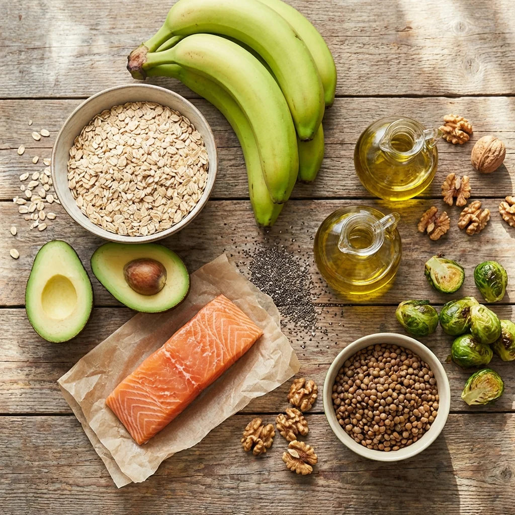 Flat-lay arrangement of fiber-rich foods including oats, green bananas, avocado halves, salmon, and olive oil on a wooden surface