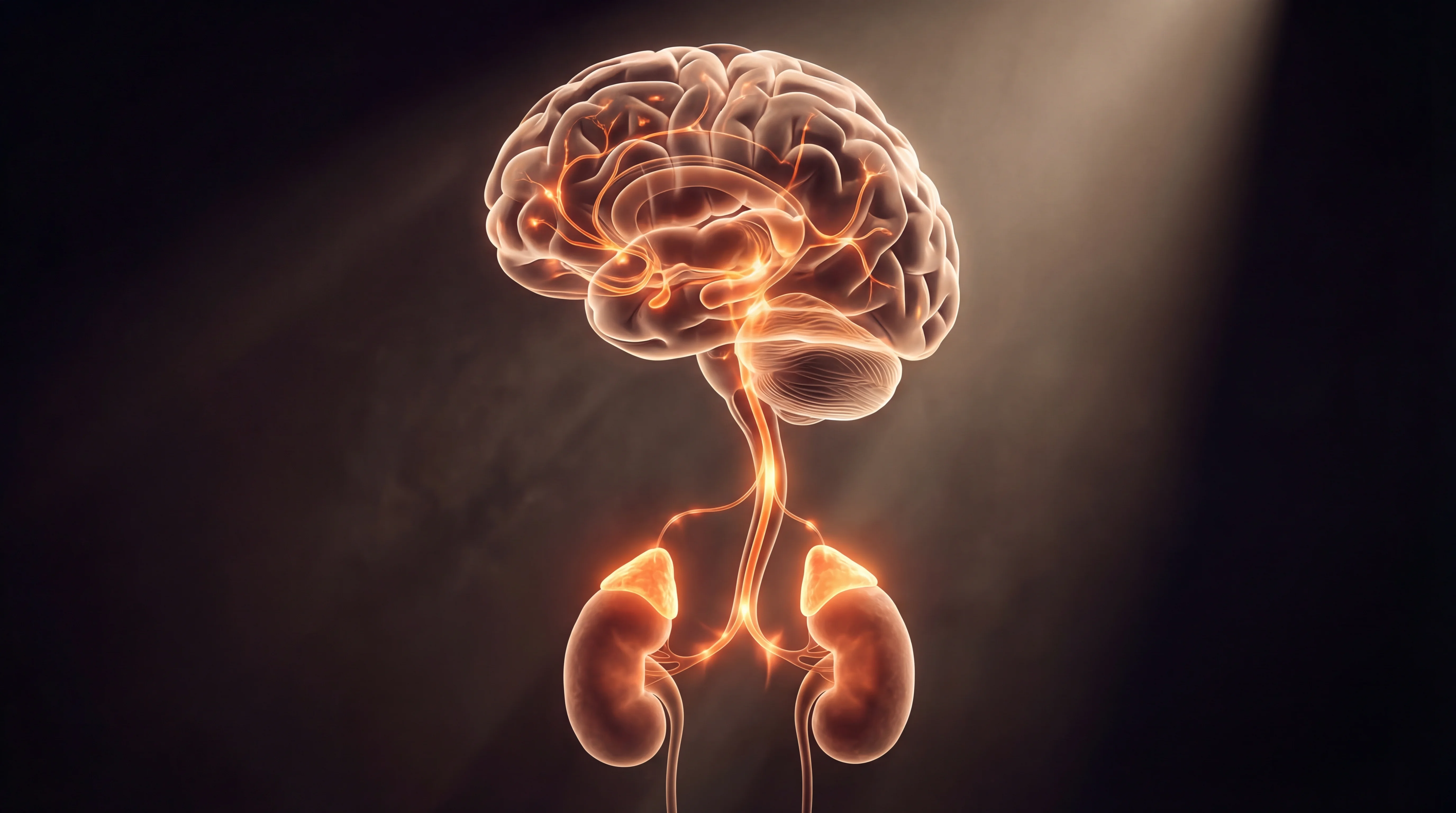 Illustration of the human brain and adrenal glands connected by the HPA axis pathway under chronic stress