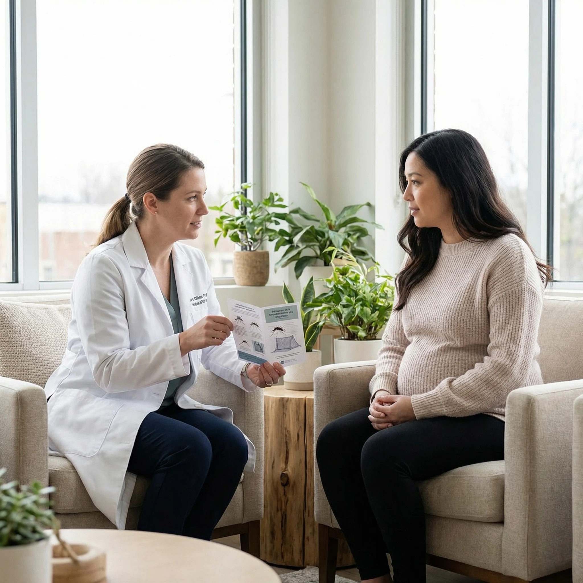 Clinician counseling a pregnant patient about mosquito-borne infection prevention and travel precautions.