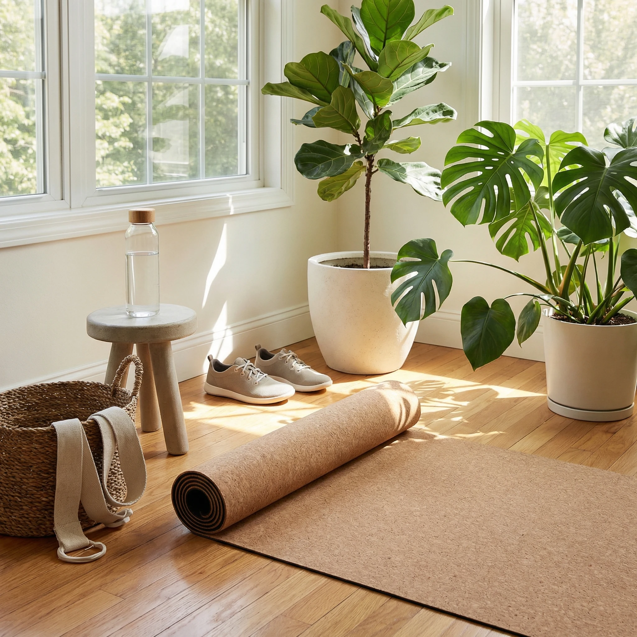 Home wellness setup with yoga mat, resistance bands, walking shoes, and water bottle in natural light
