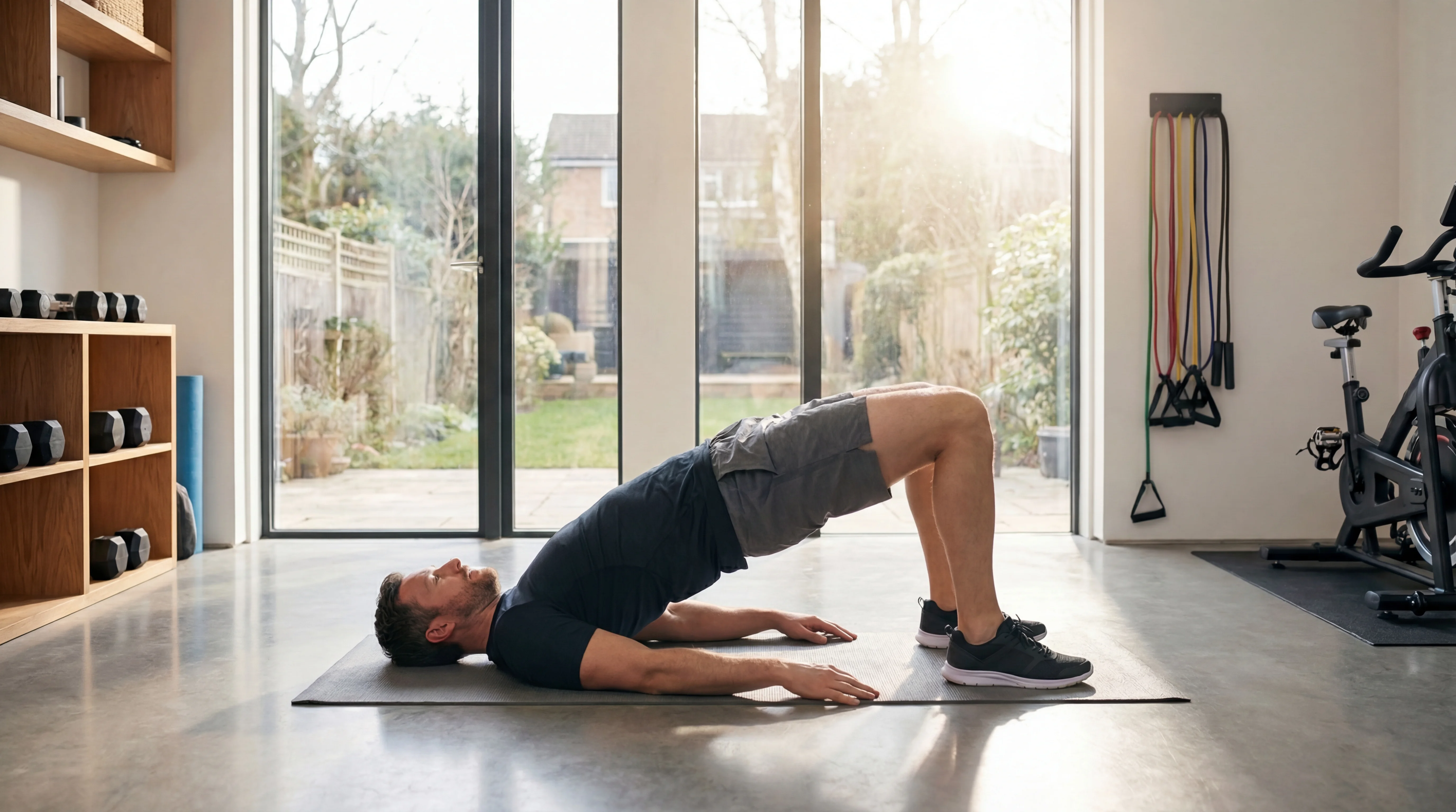 Man performing a pelvic floor exercise on a mat in a well-lit home gym