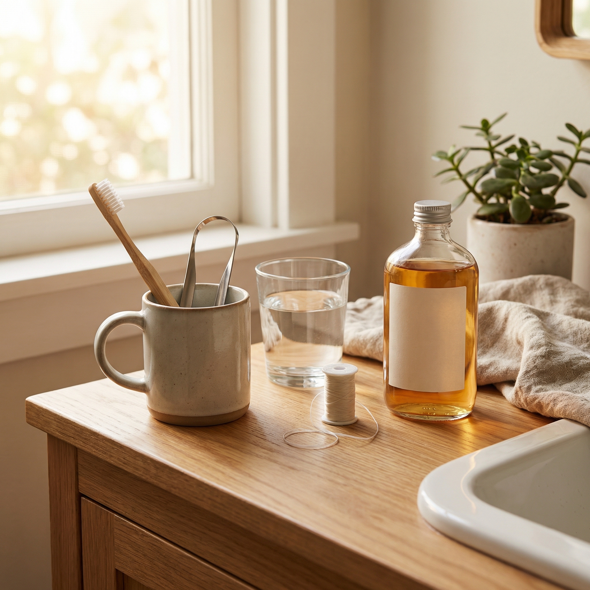 Home oral-care setup with toothbrush, tongue scraper, floss, mouthwash, and water for daily halitosis management