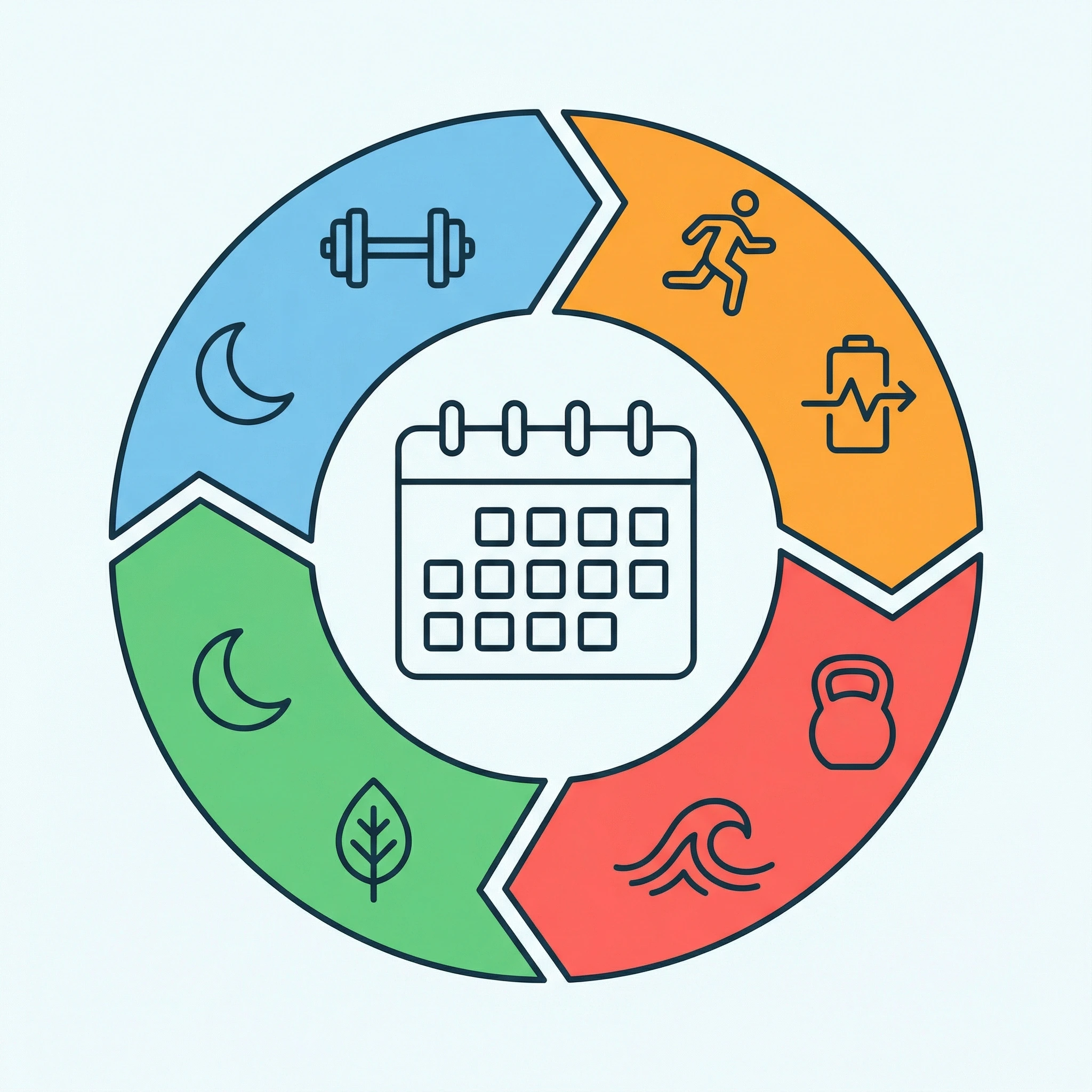Infographic-style four-segment cycle-aware training diagram with icons for strength cardio recovery and sleep