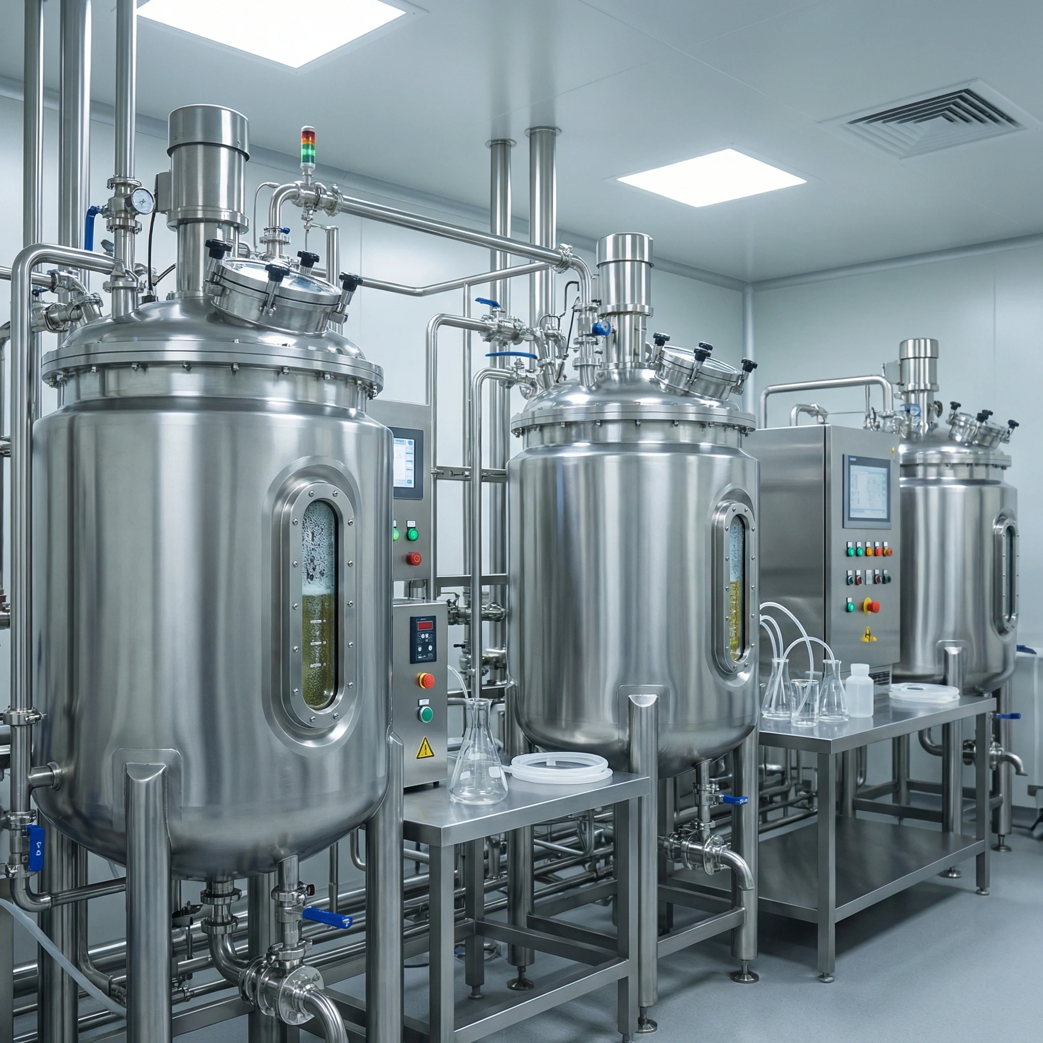 Biotech fermentation facility concept showing stainless bioreactors used for future protein ingredient manufacturing