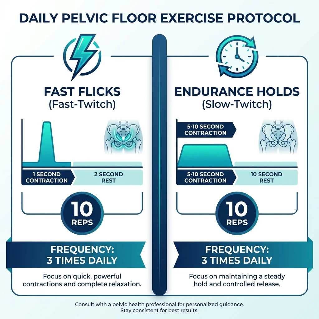 Infographic showing the daily pelvic floor training protocol with fast-twitch and slow-twitch exercise details