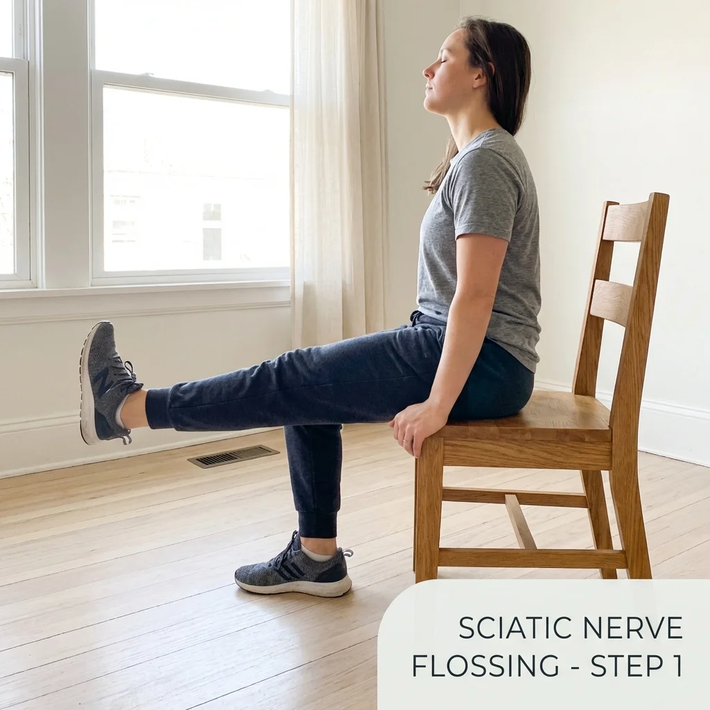 Seated person performing sciatic nerve flossing with one leg extended and toes pulled back