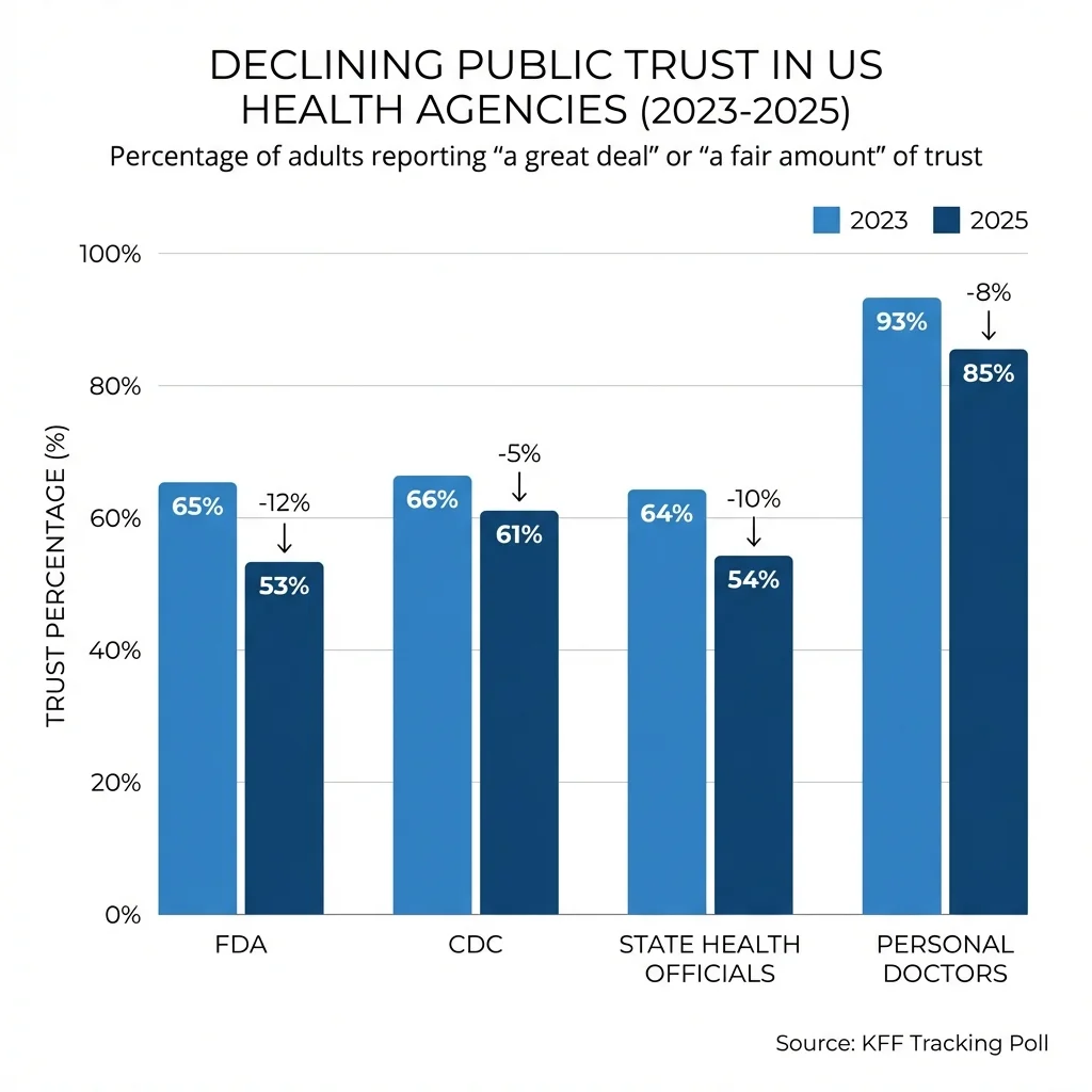 Bar chart showing declining trust percentages for FDA, CDC, and state health officials from 2023 to 2025