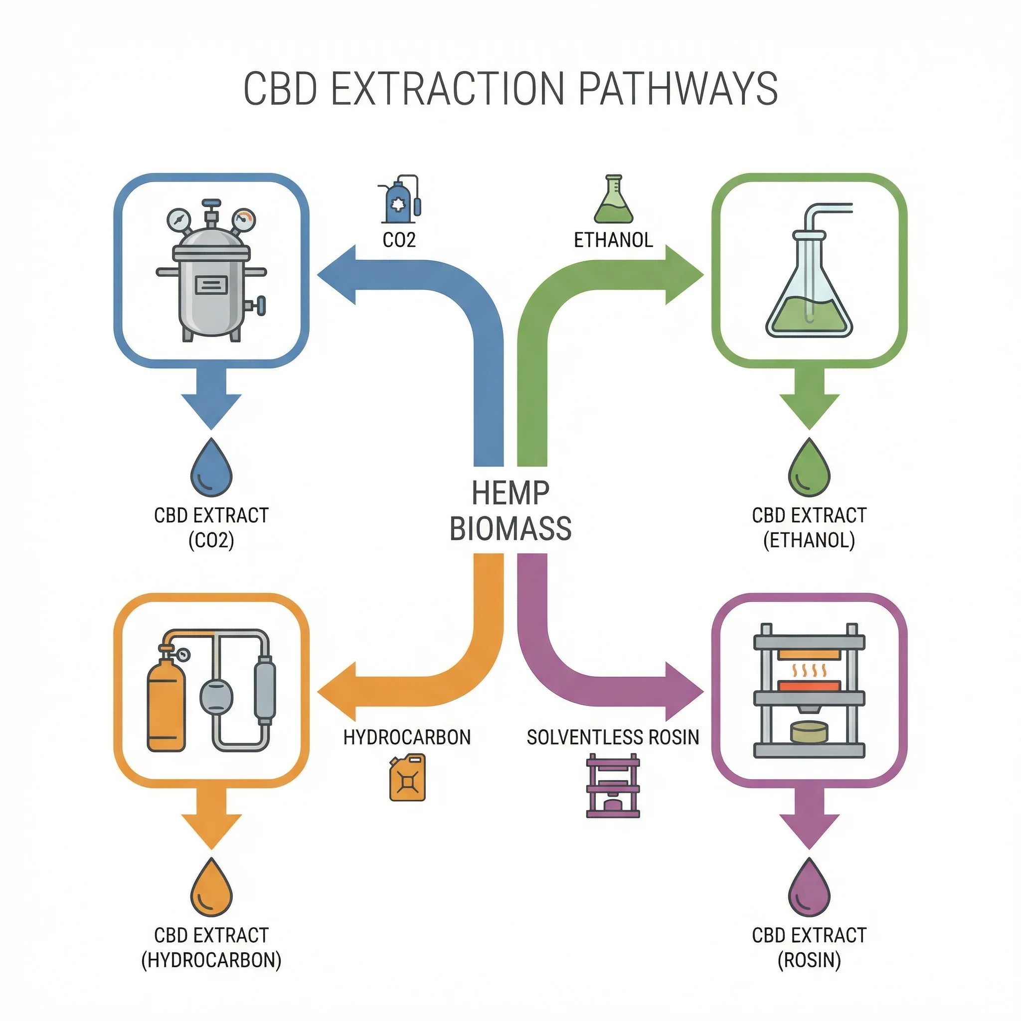 Infographic comparing CO2, ethanol, hydrocarbon, and solventless CBD extraction pathways.
