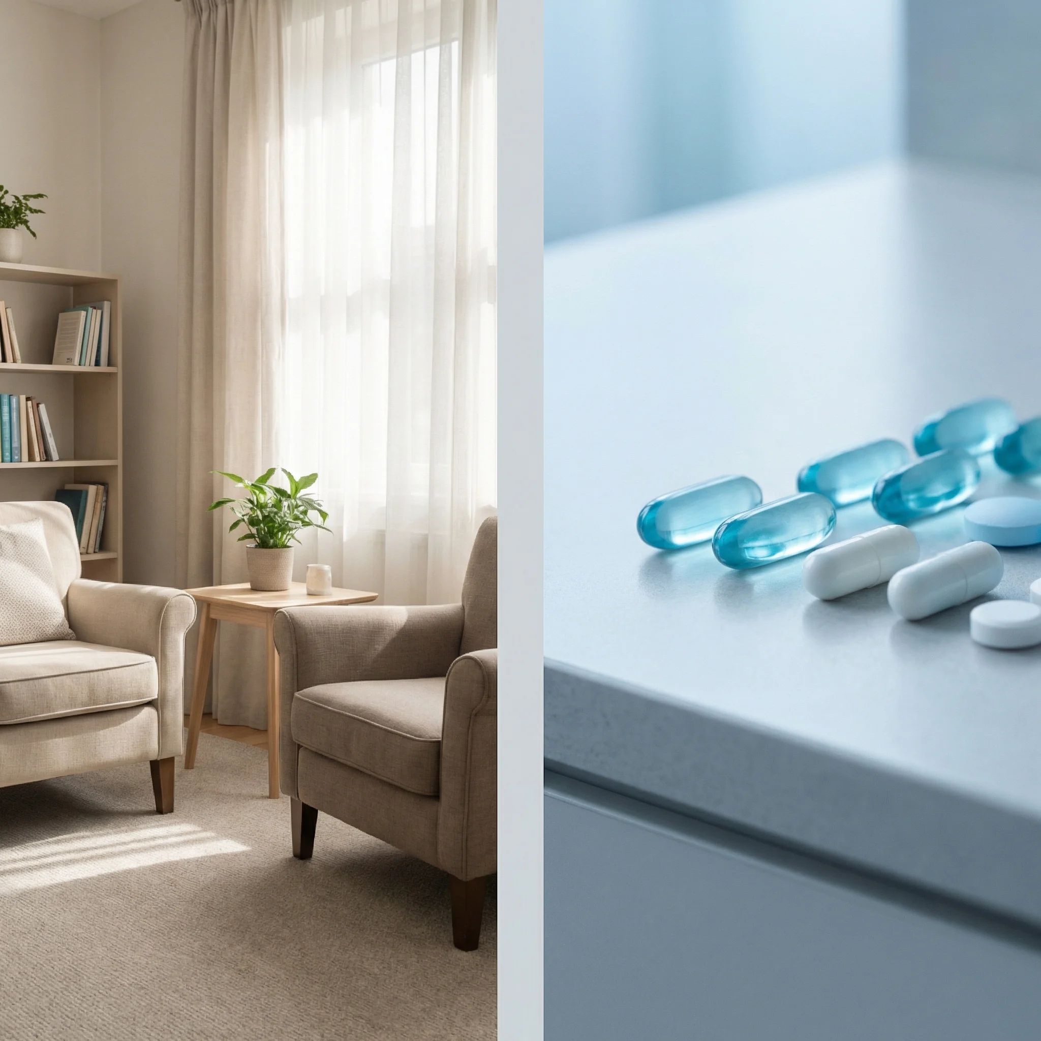Split-screen comparison showing therapy session on one side and medication capsules on the other representing anxiety treatment approaches