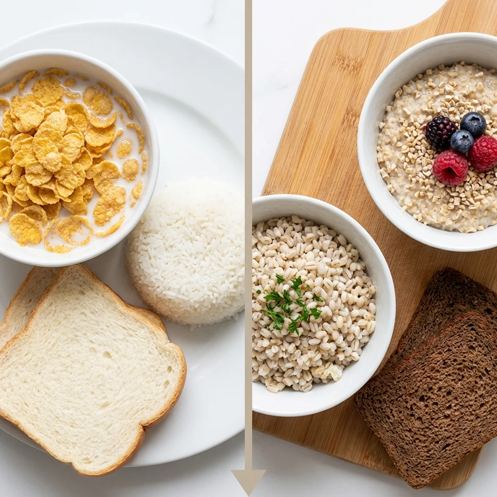 Split-frame image showing high-GI foods on the left and their lower-GI alternatives on the right, with items like white rice versus lentils and cornflakes versus steel-cut oats