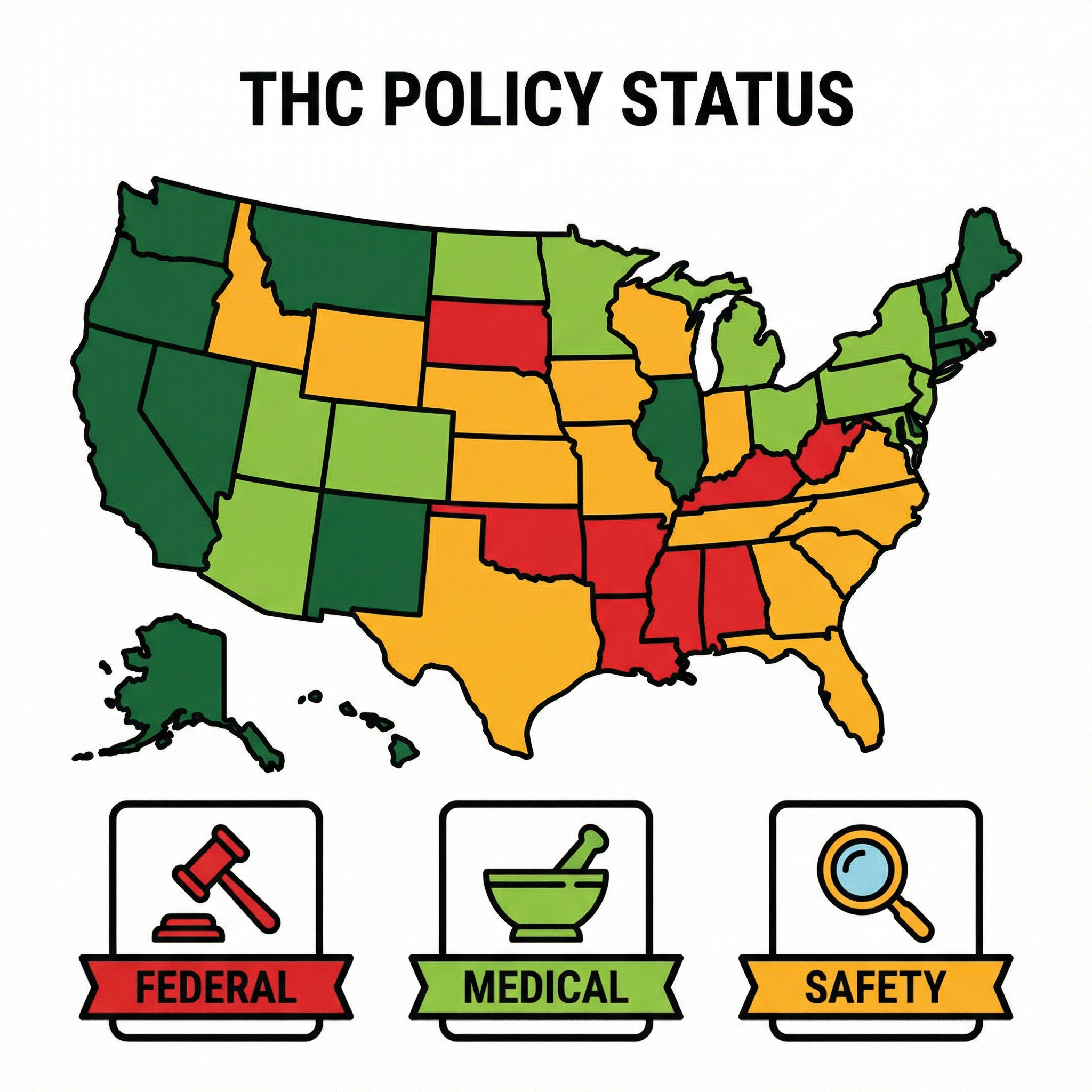 Infographic-style U.S. map showing four THC legal-status categories by state.