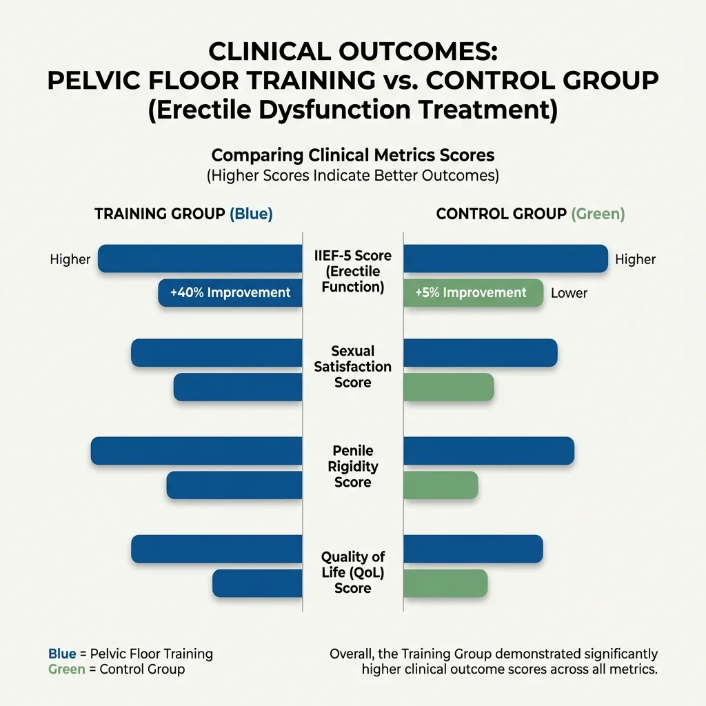 Infographic comparing erectile function outcomes between pelvic floor training and control groups
