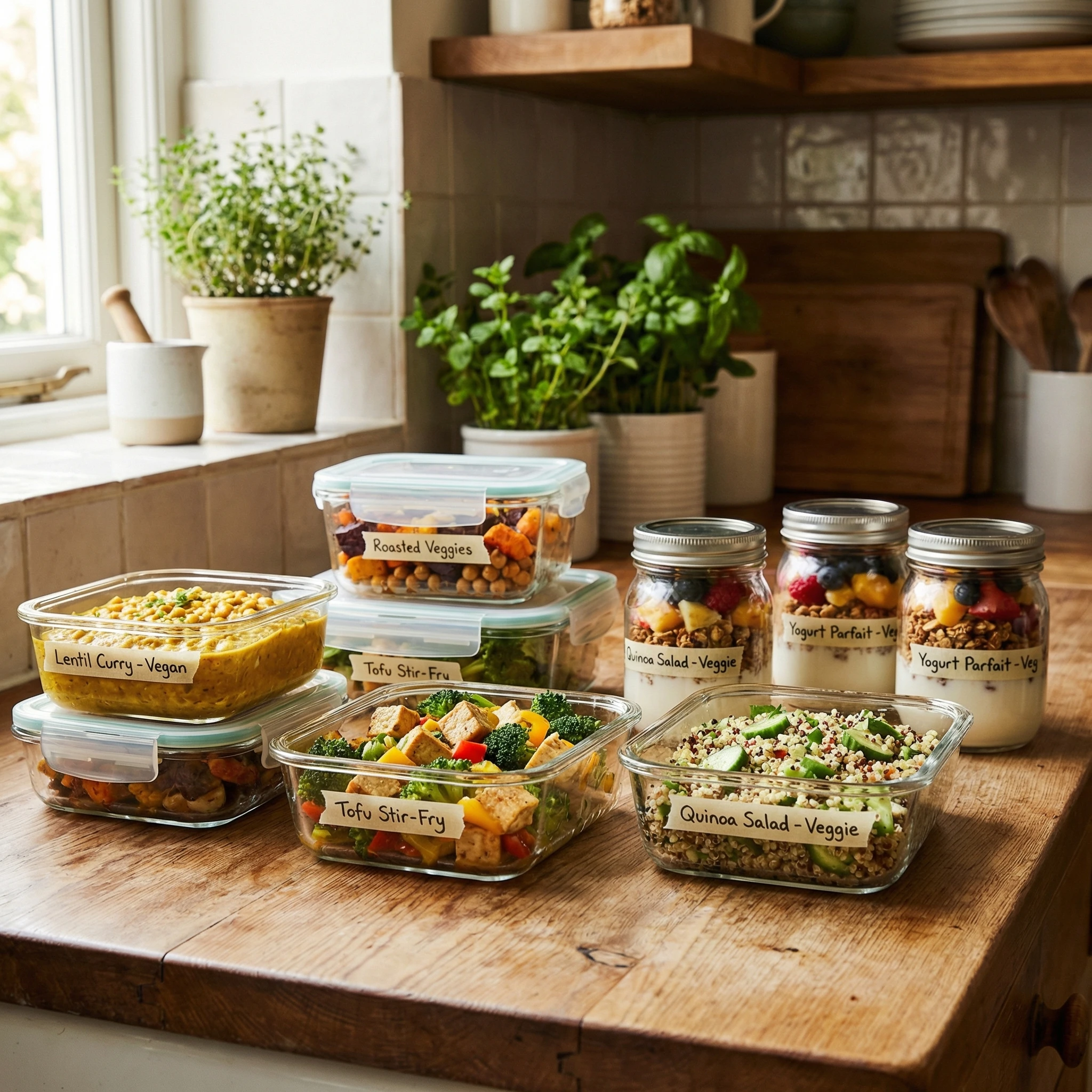 Weekly vegan and vegetarian batch-cooked meals in containers including lentil curry, tofu stir-fry, grain bowls, and yogurt parfaits