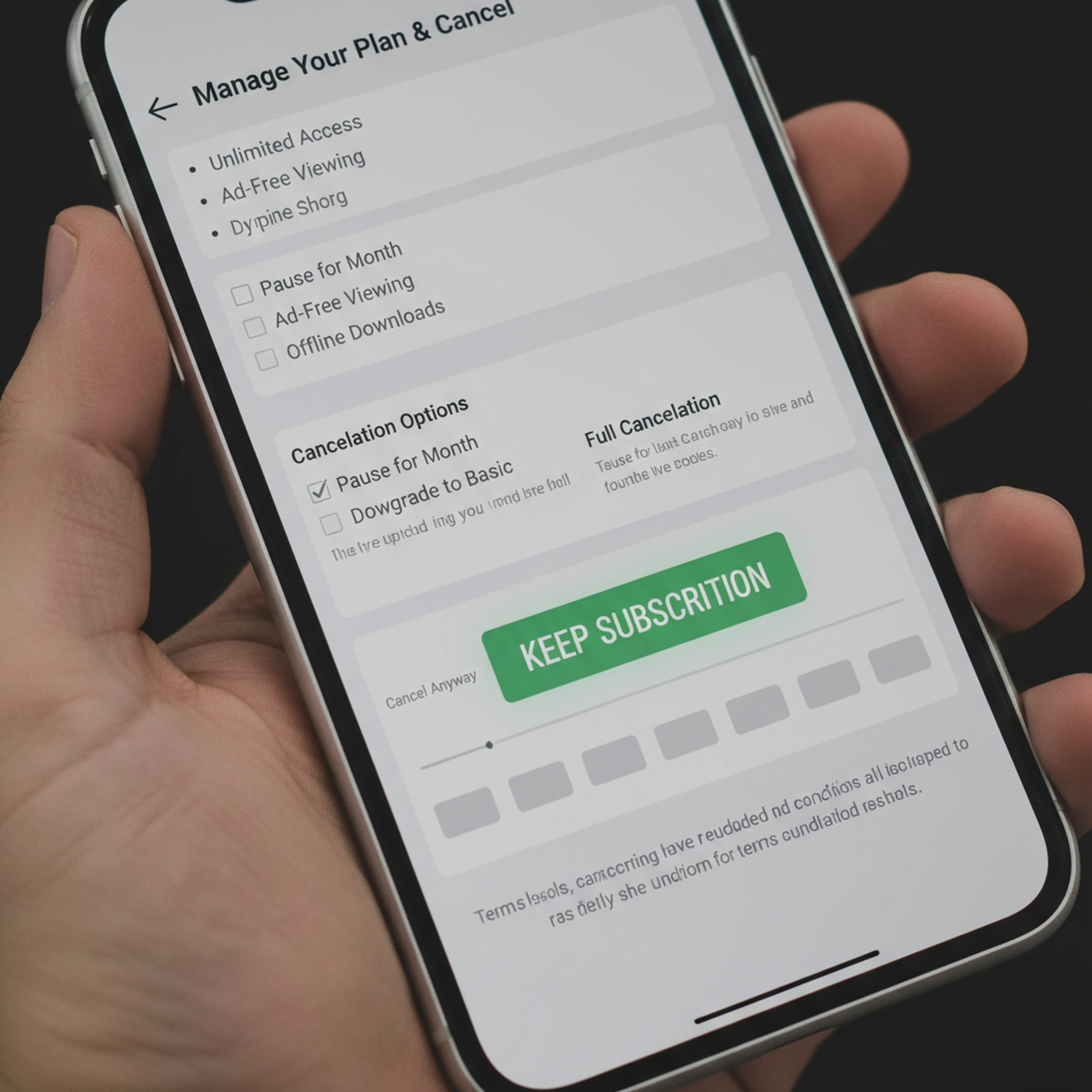 Close-up of a smartphone screen showing a complex multi-step cancellation process with tiny text and misleading button placement