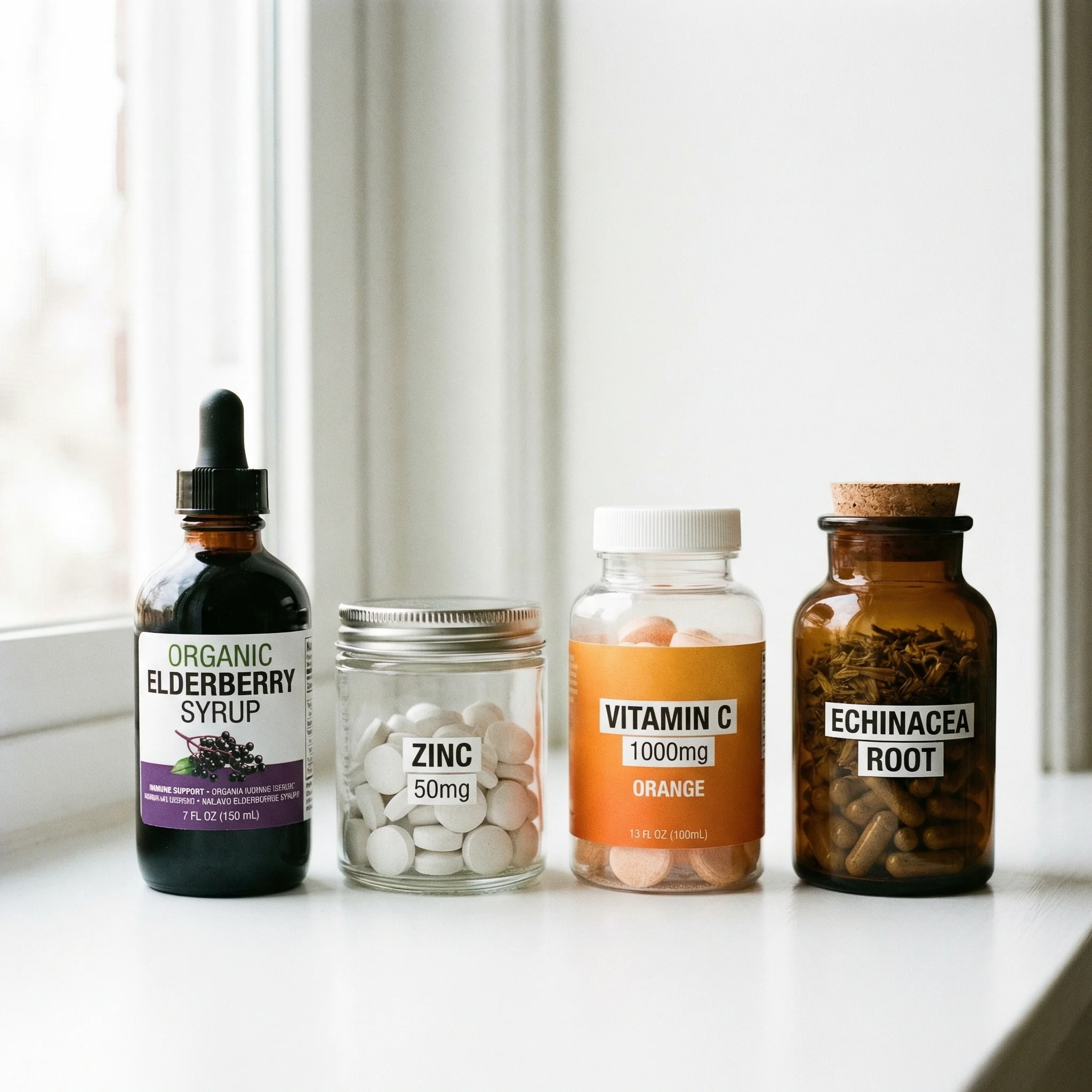 Side-by-side visual comparison of elderberry, zinc, vitamin C, and echinacea supplements with evidence ratings
