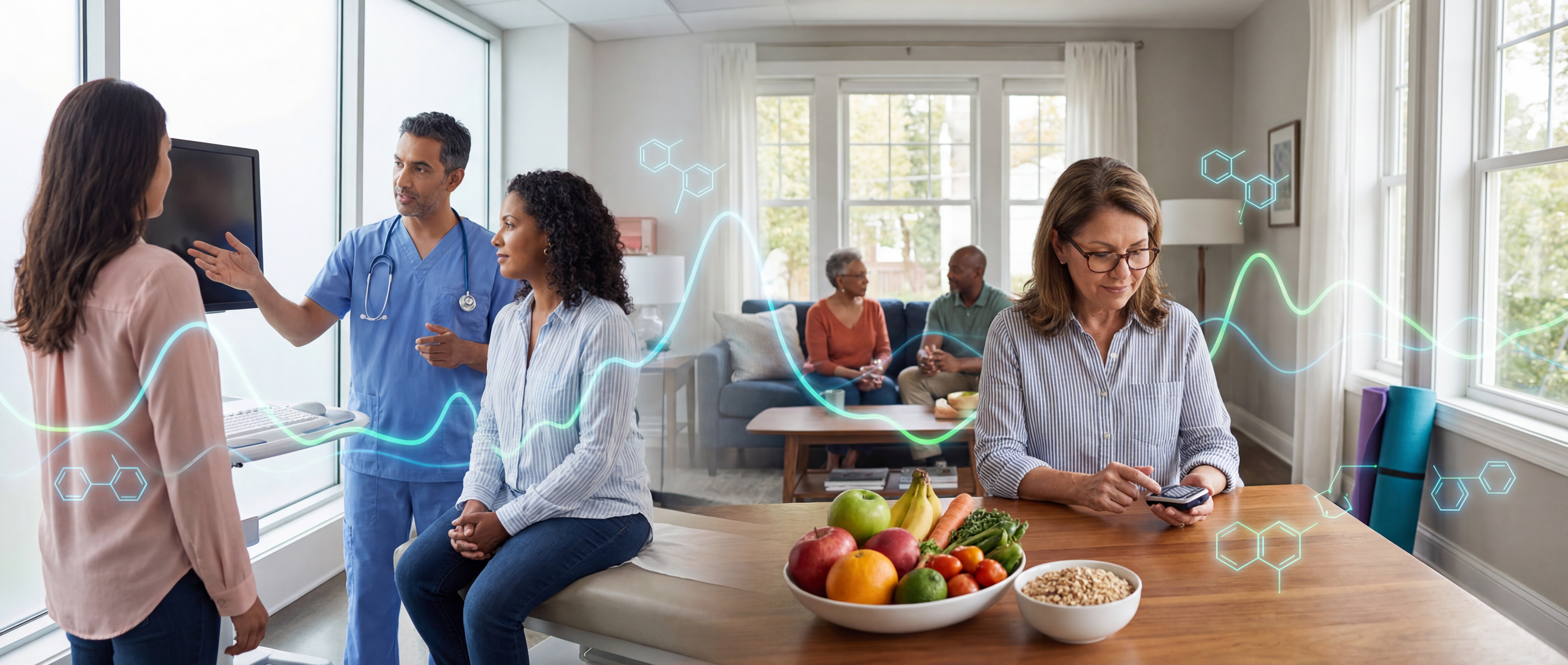 Clinician discussing diabetes prevention with adults while one person checks glucose beside a table of fruit, vegetables, and whole grains.