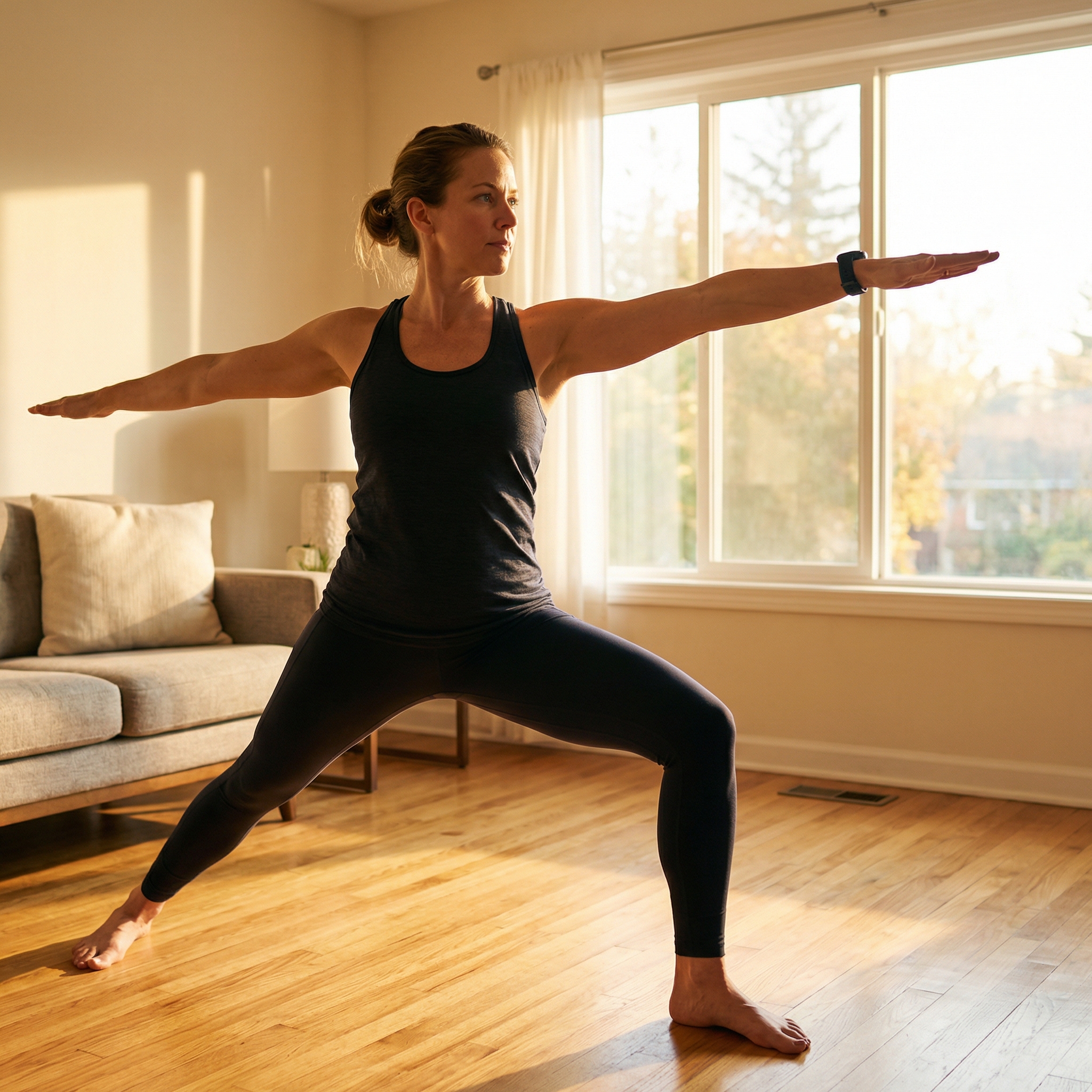 Woman performing Warrior II yoga pose at home while tracking workout intensity.