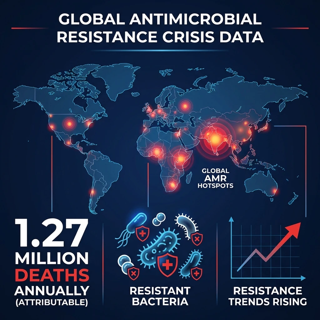 Infographic displaying global antimicrobial resistance statistics including death tolls and rising resistance trends