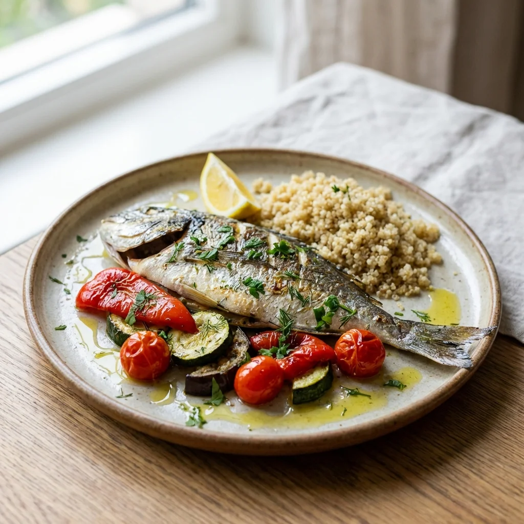 Colorful Mediterranean meal plate with grilled fish, roasted vegetables, olive oil, and herbs