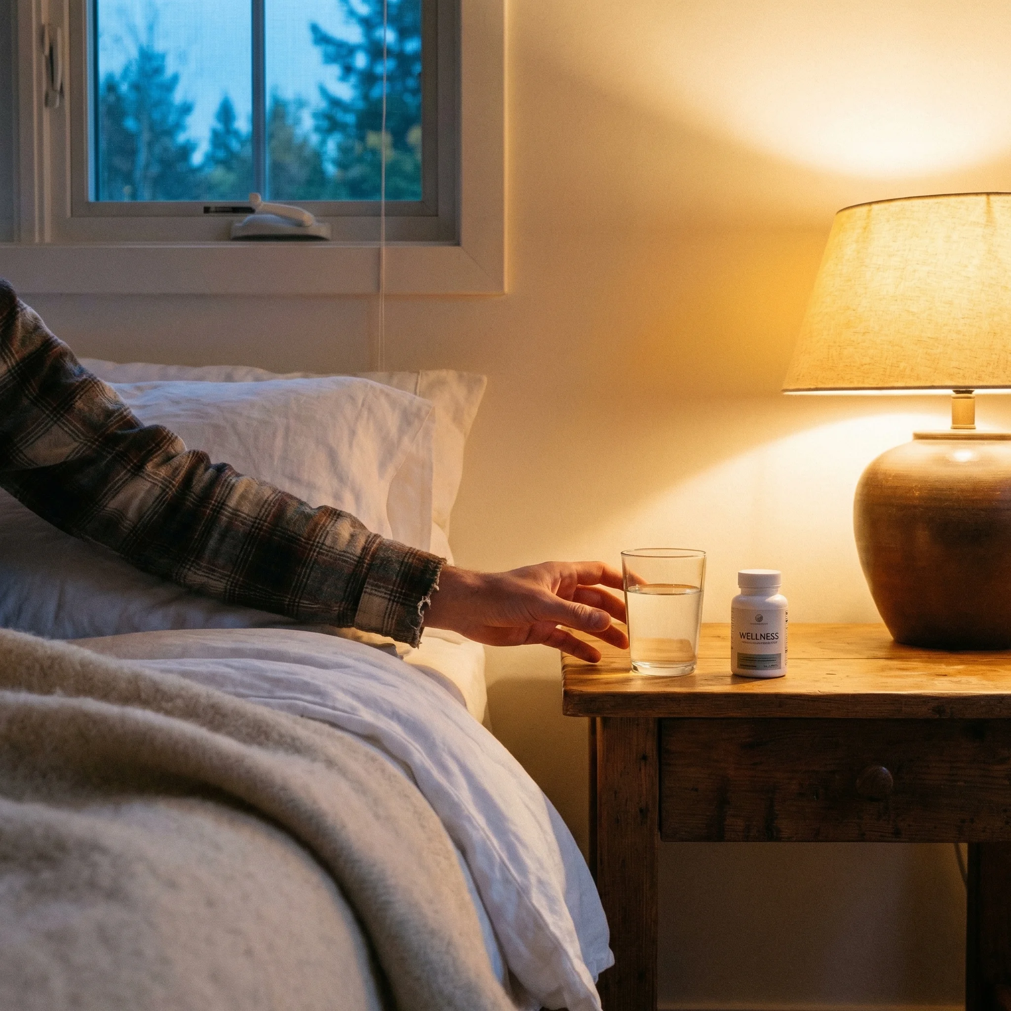 Person sleeping peacefully in a dimly lit bedroom with a supplement bottle on the nightstand