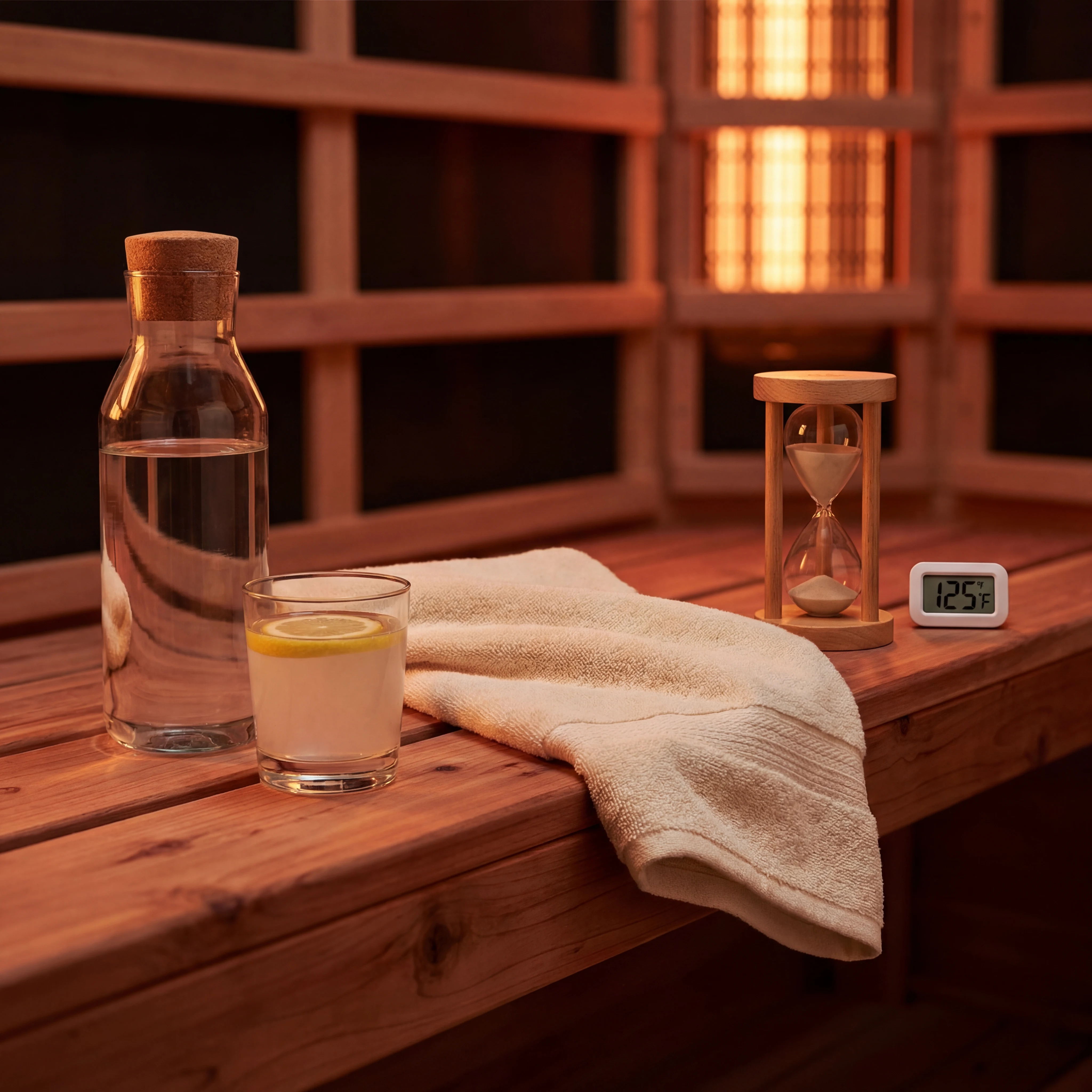 Infrared sauna essentials including water, towel, timer, and thermometer on cedar bench