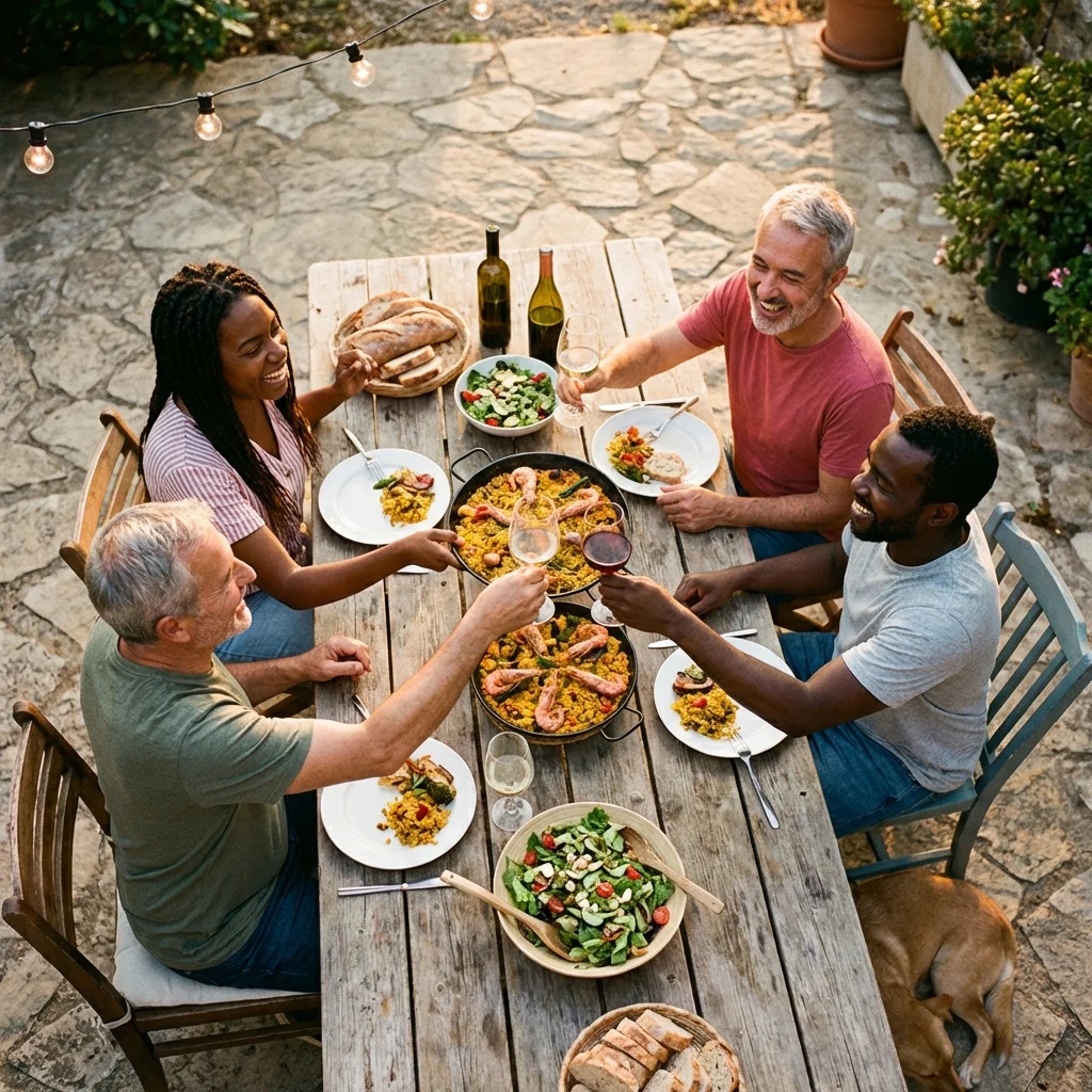 Diverse group of friends sharing a meal outdoors at sunset, laughing and passing dishes