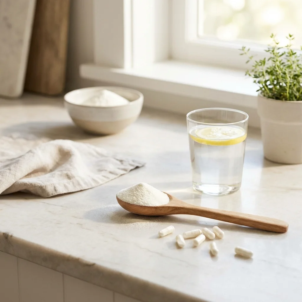 Wooden spoon filled with white collagen powder next to capsules and a glass of water on a kitchen counter
