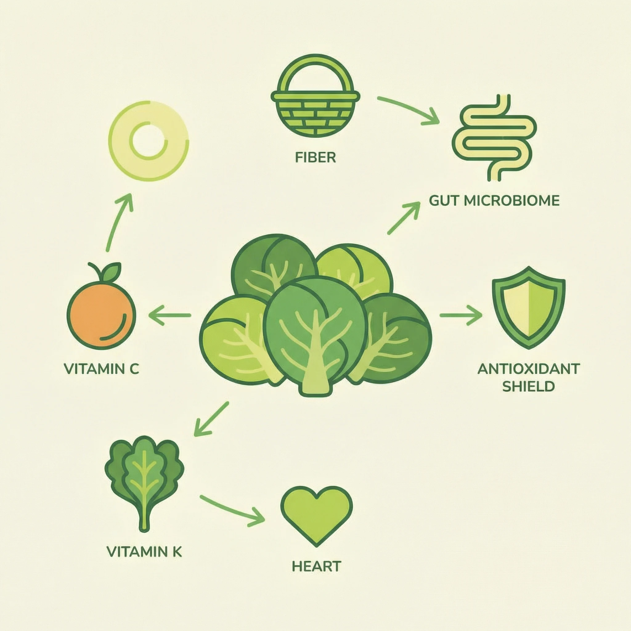 Infographic-style diagram showing Brussels sprouts links to fiber, vitamin C, vitamin K, gut microbiome support, and heart-friendly meal patterns